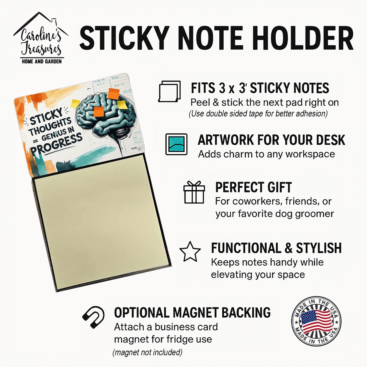 Sticky Thoughts Equals Genius in Progress Funny Sticky Note Holder Refillable Desk Dispenser Accessory with 3x3 Notes