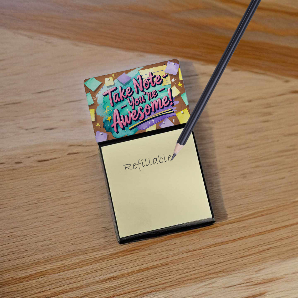 Take Note You’re Awesome Funny Sticky Note Holder Refillable Desk Dispenser Accessory with 3x3 Notes