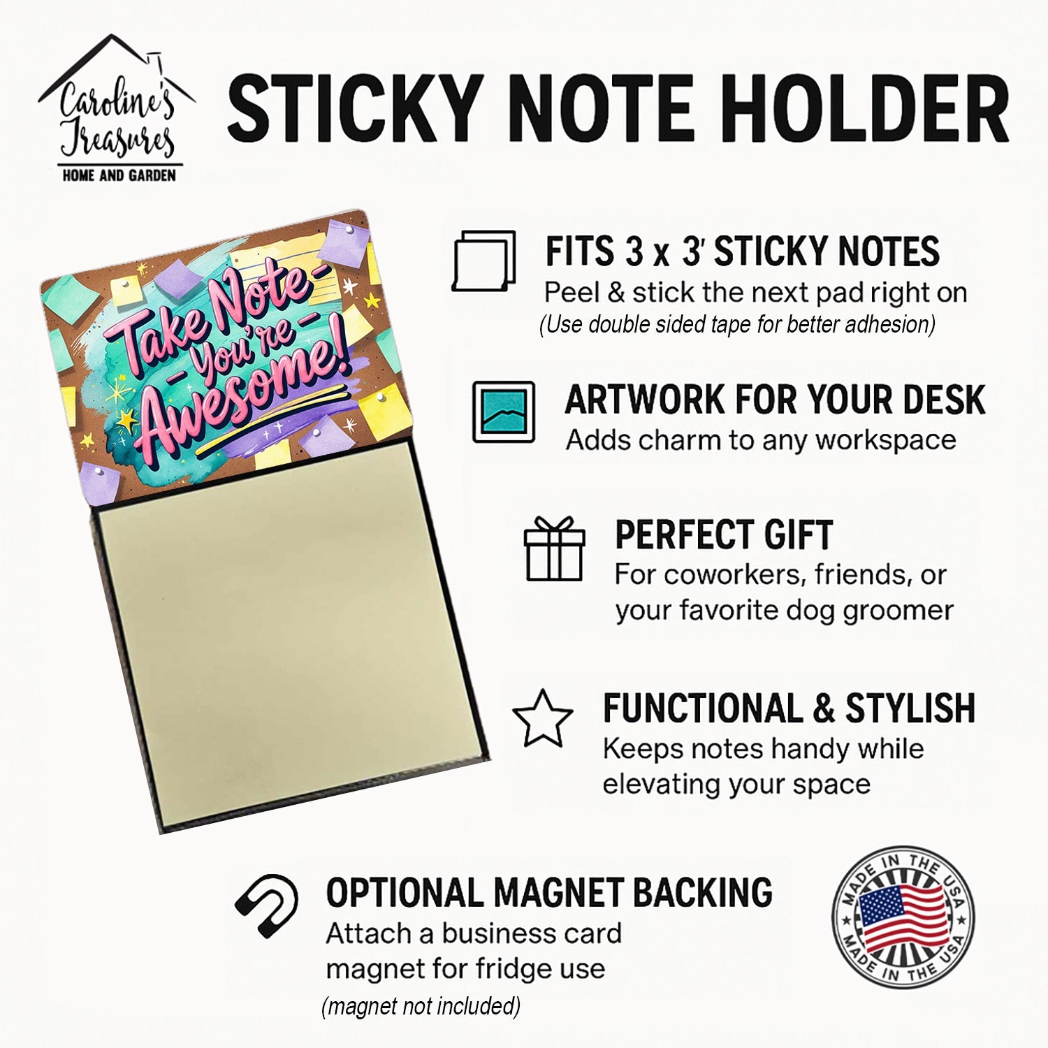 Take Note You’re Awesome Funny Sticky Note Holder Refillable Desk Dispenser Accessory with 3x3 Notes