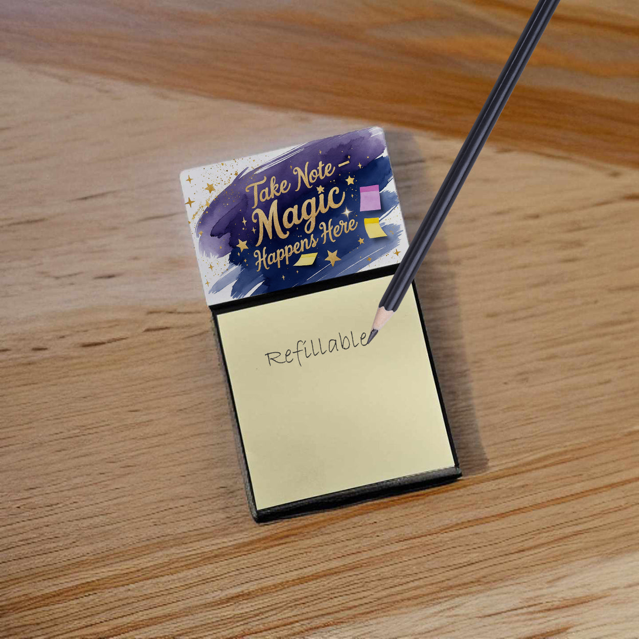 Take Note Magic Happens Here Funny Sticky Note Holder Refillable Desk Dispenser Accessory with 3x3 Notes