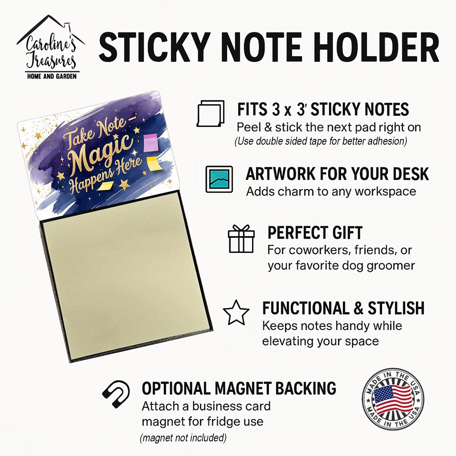 Take Note Magic Happens Here Funny Sticky Note Holder Refillable Desk Dispenser Accessory with 3x3 Notes