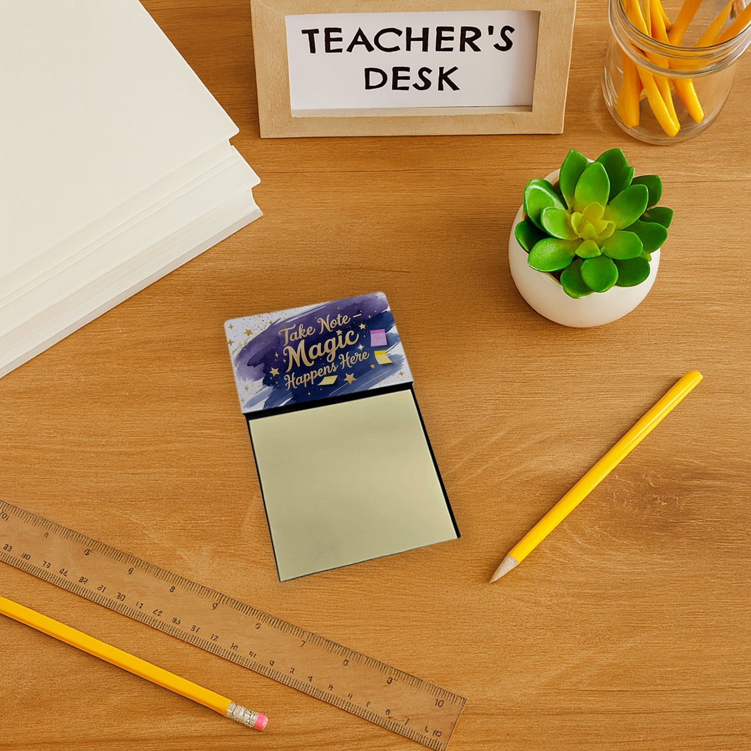 Take Note Magic Happens Here Funny Sticky Note Holder Refillable Desk Dispenser Accessory with 3x3 Notes