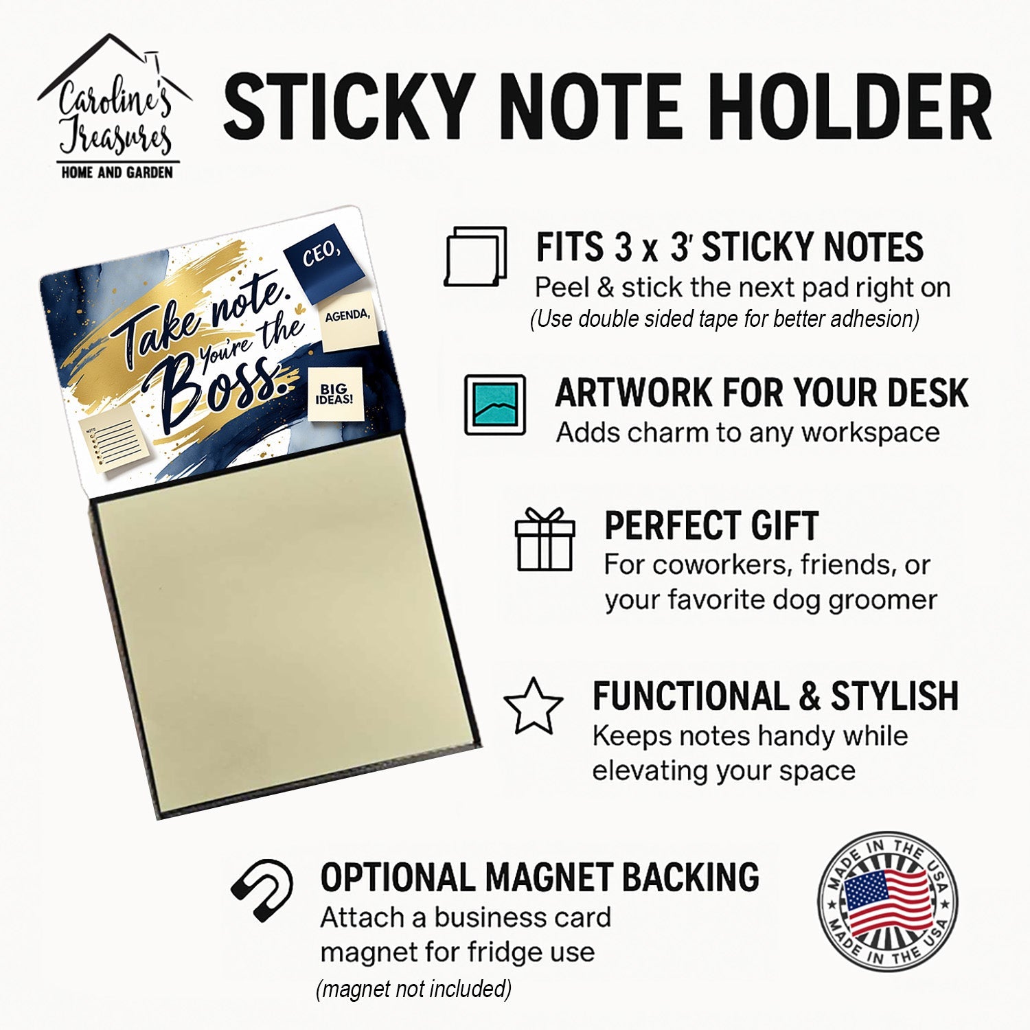 Take Note You’re the Boss Funny Sticky Note Holder Refillable Desk Dispenser Accessory with 3x3 Notes