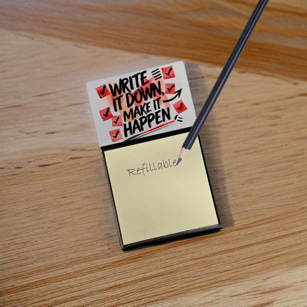 Write It Down Make It Happen Funny Sticky Note Holder Refillable Desk Dispenser Accessory with 3x3 Notes