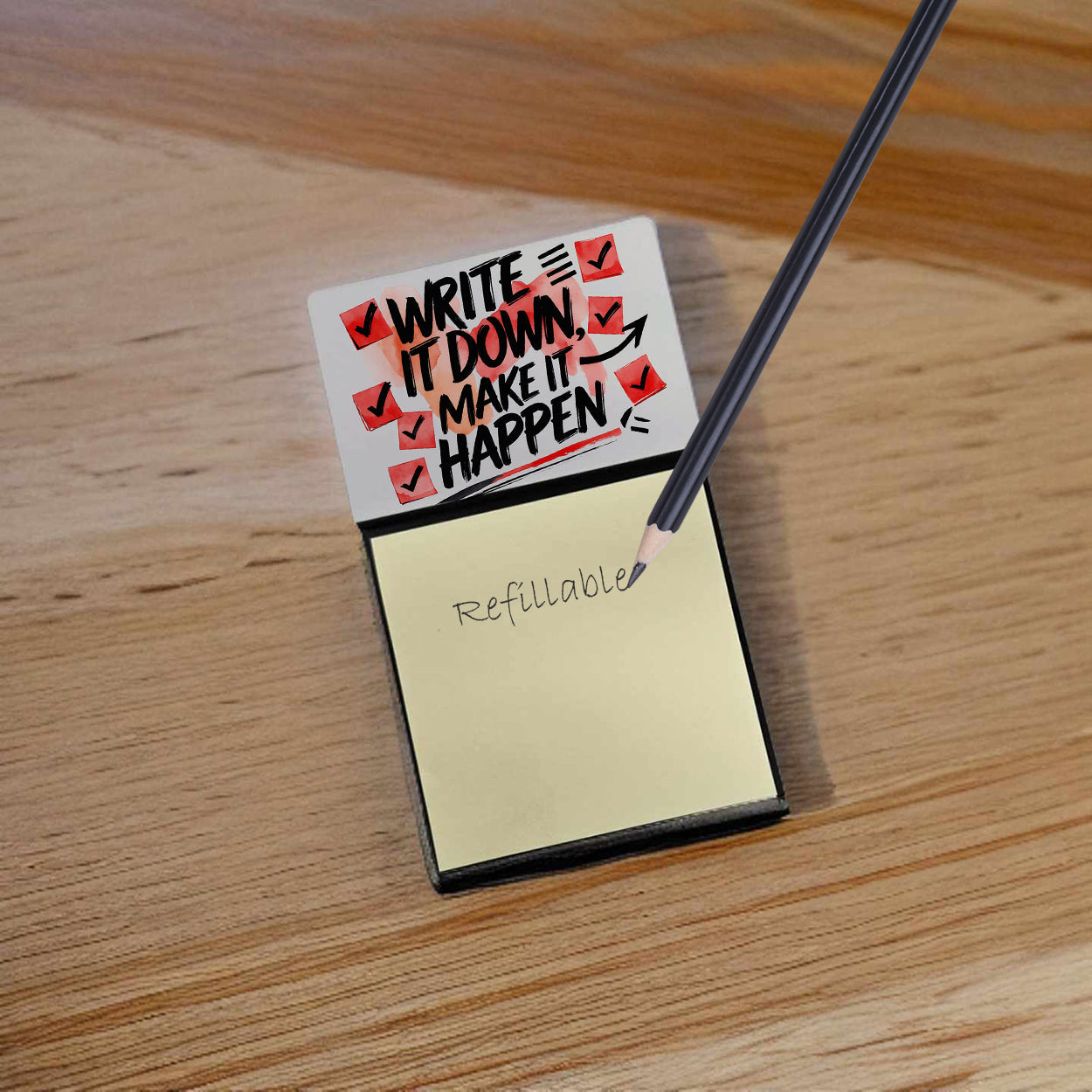 Write It Down Make It Happen Funny Sticky Note Holder Refillable Desk Dispenser Accessory with 3x3 Notes