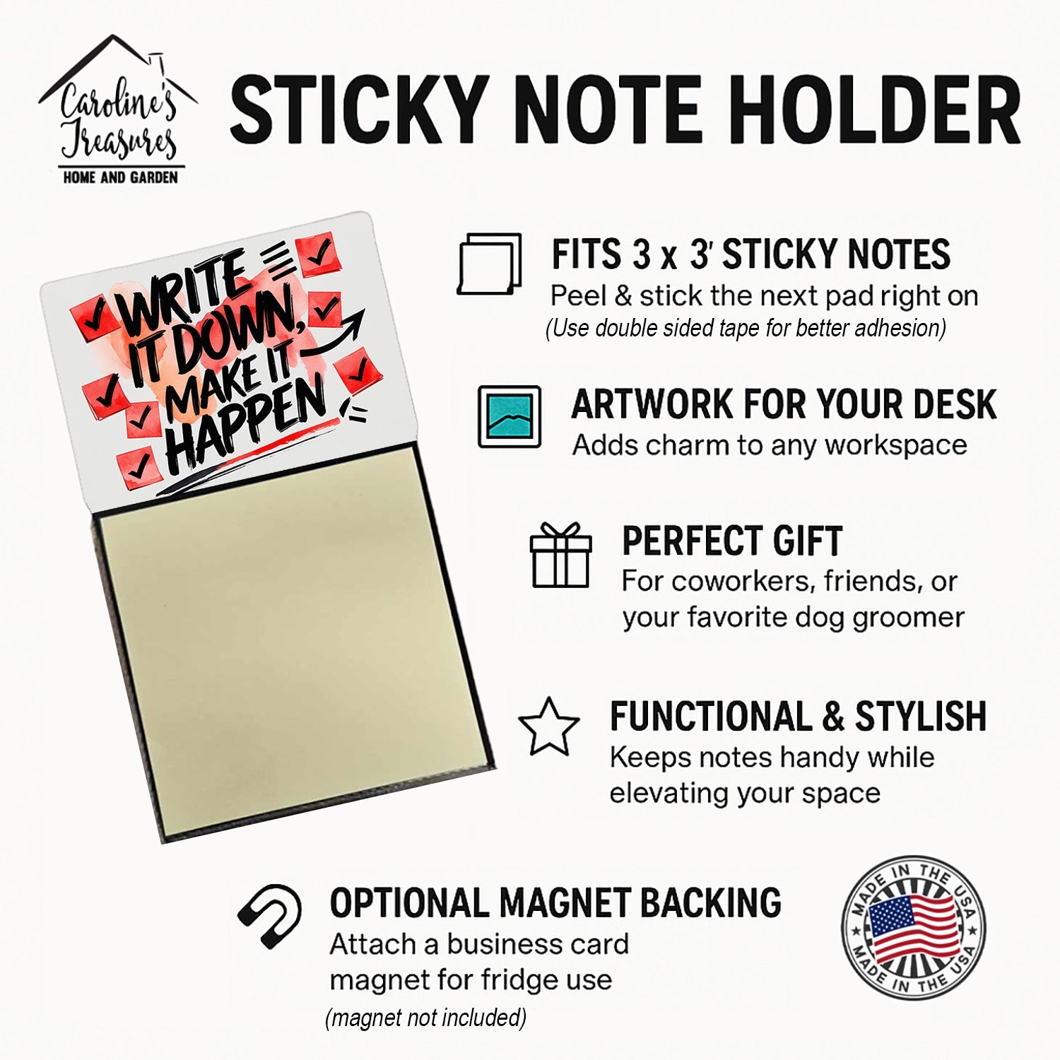 Write It Down Make It Happen Funny Sticky Note Holder Refillable Desk Dispenser Accessory with 3x3 Notes