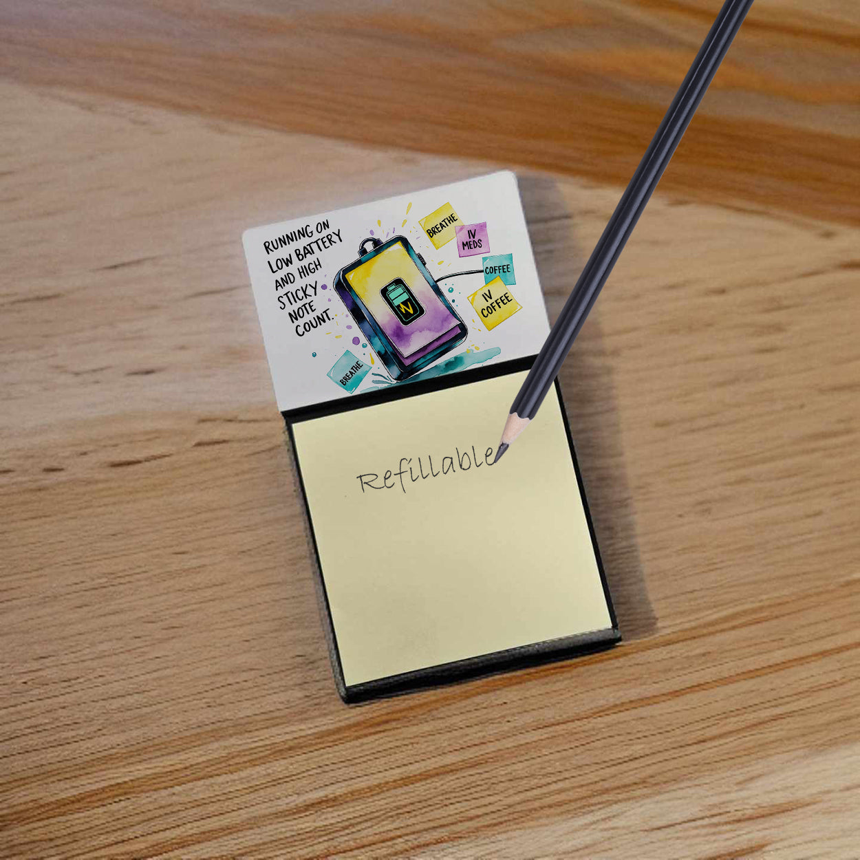 Running on low battery Sticky Note Holder Funny Nurse Saying Desk Dispenser with 3x3 Notes