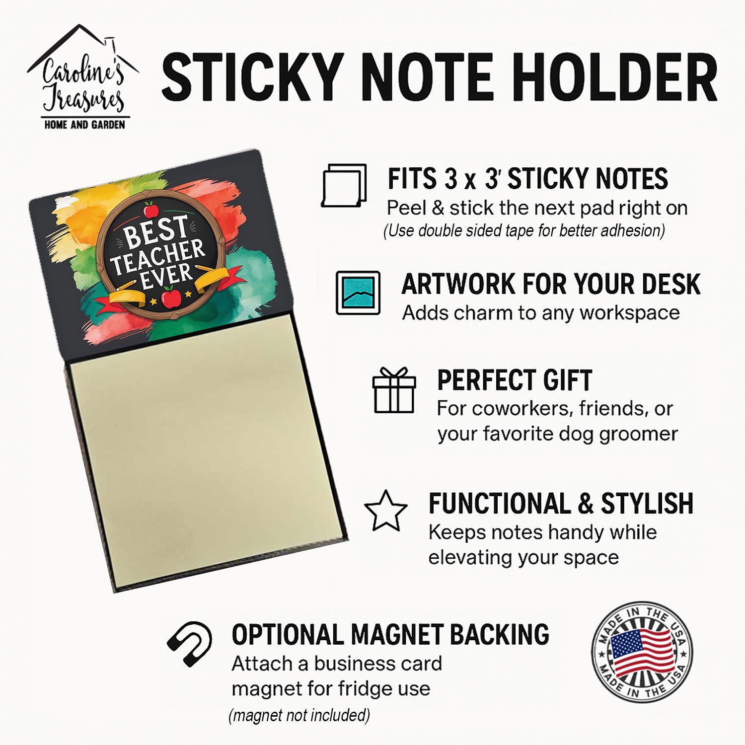Best Teacher Ever Funny Sticky Note Holder for Teacher's Gift Refillable with 3x3 Notes