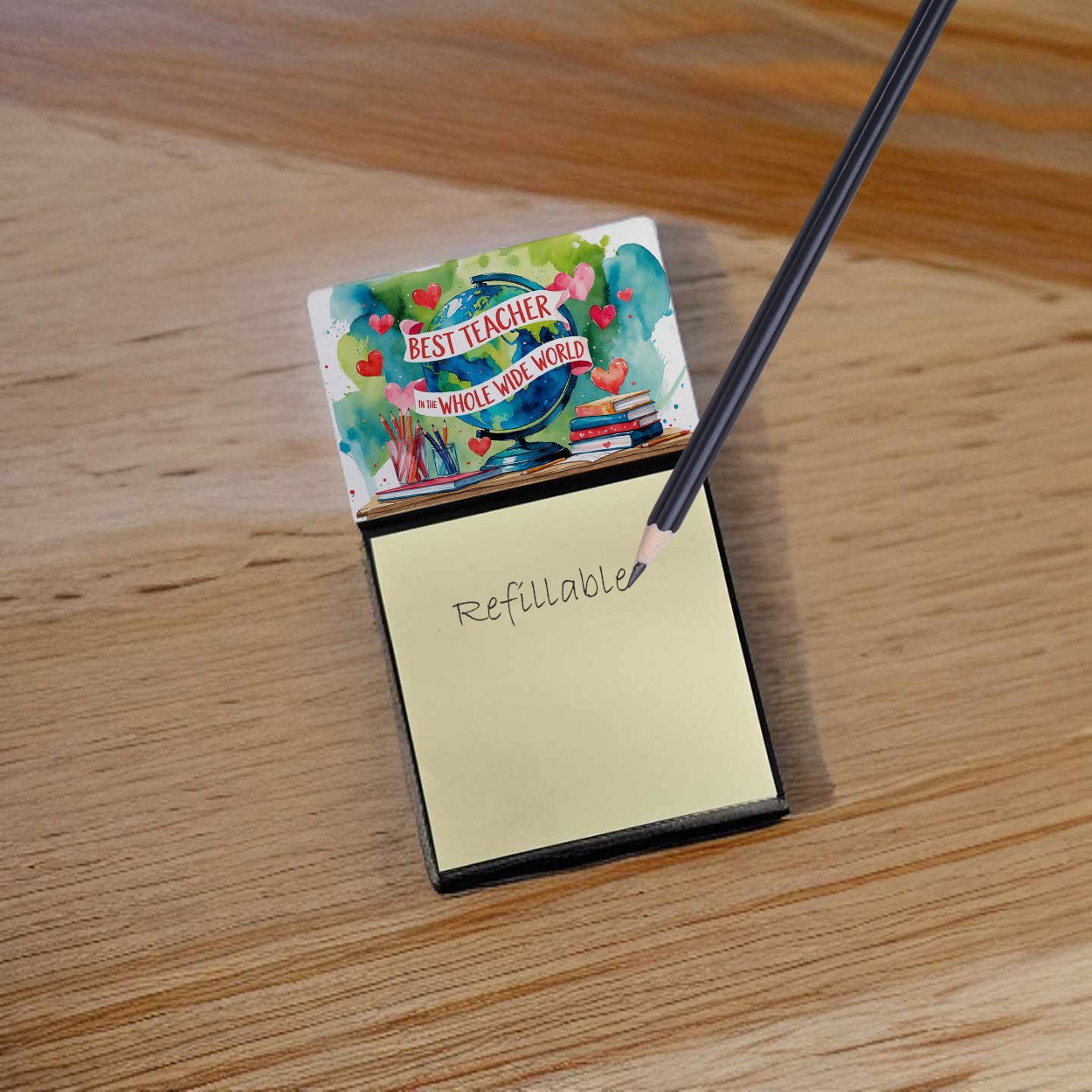 Best Teacher in the Whole Wide World Funny Sticky Note Holder for Teacher's Gift Refillable with 3x3 Notes