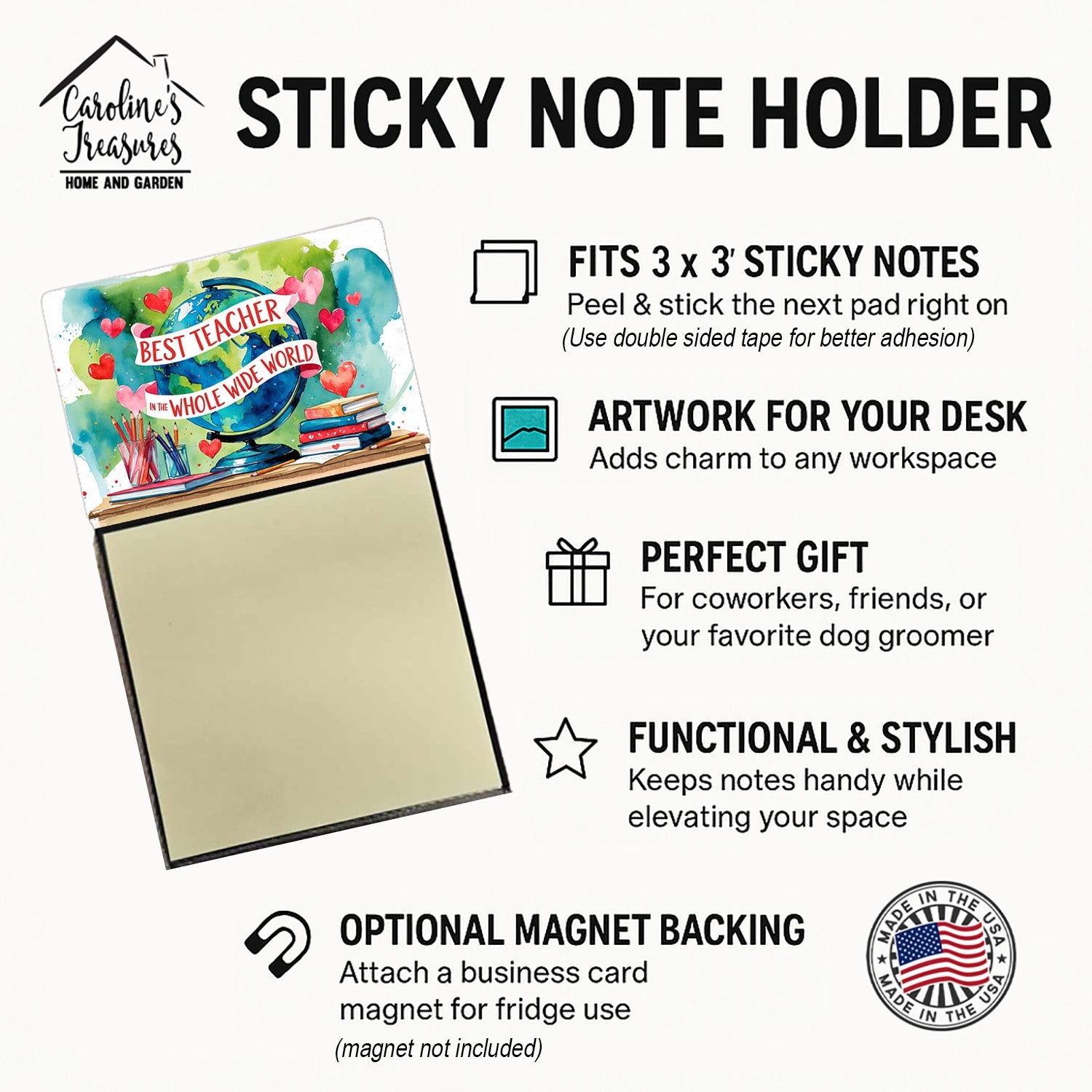 Best Teacher in the Whole Wide World Funny Sticky Note Holder for Teacher's Gift Refillable with 3x3 Notes