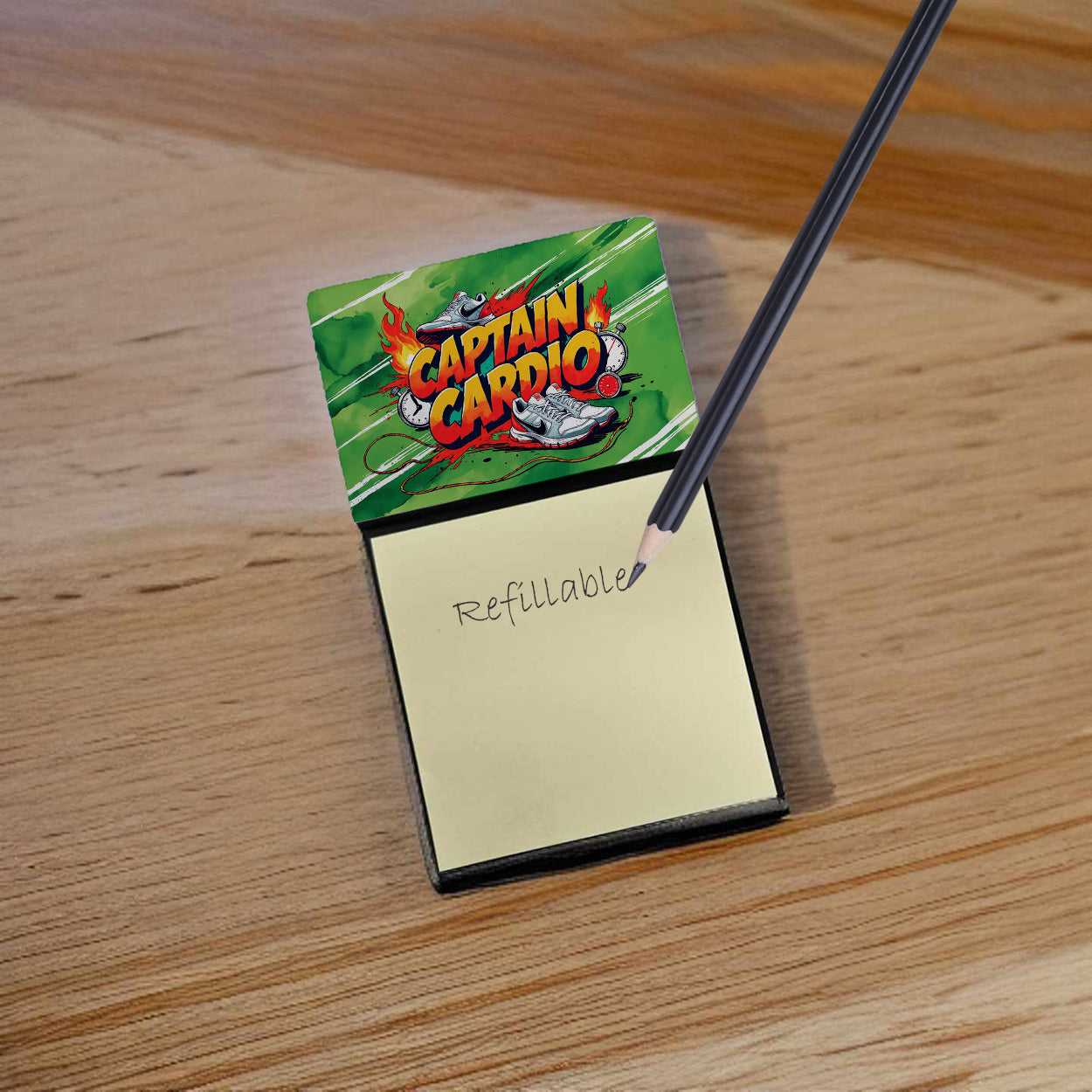 Captain Cardio Funny Sticky Note Holder for Teacher's Gift Refillable with 3x3 Notes