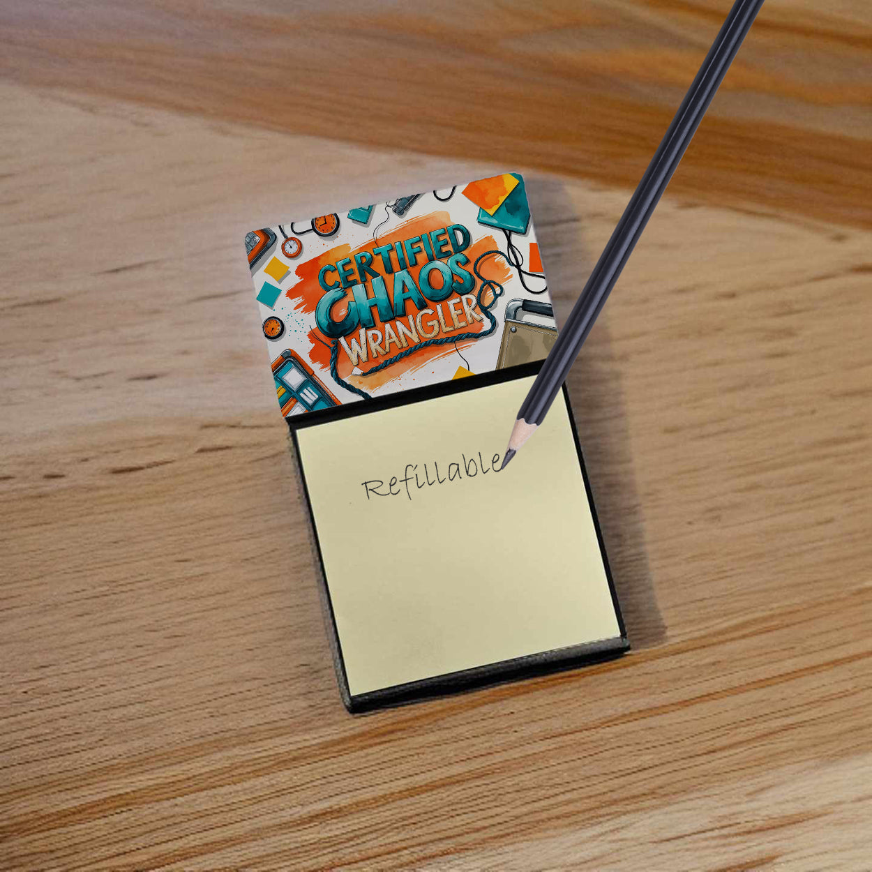 Certified Chaos Wrangler Funny Sticky Note Holder for Teacher's Gift Refillable with 3x3 Notes