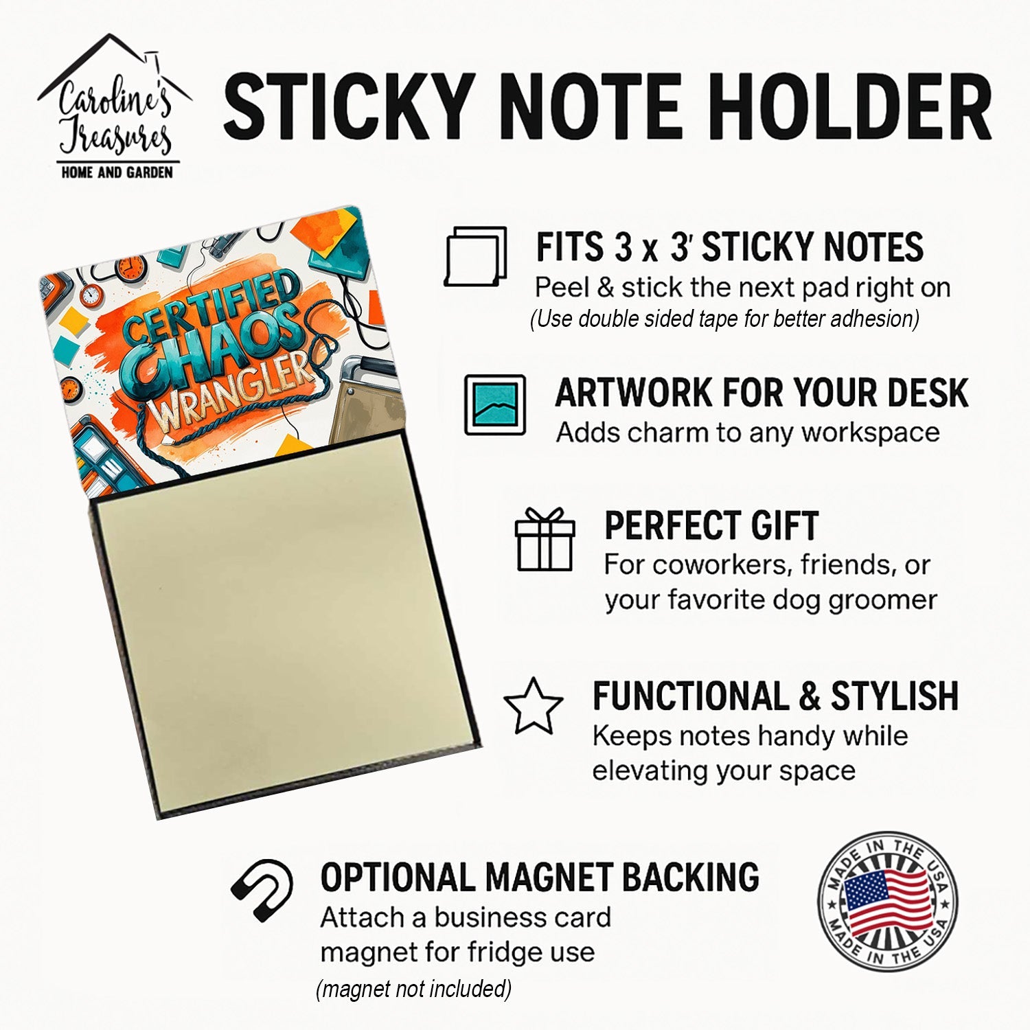 Certified Chaos Wrangler Funny Sticky Note Holder for Teacher's Gift Refillable with 3x3 Notes