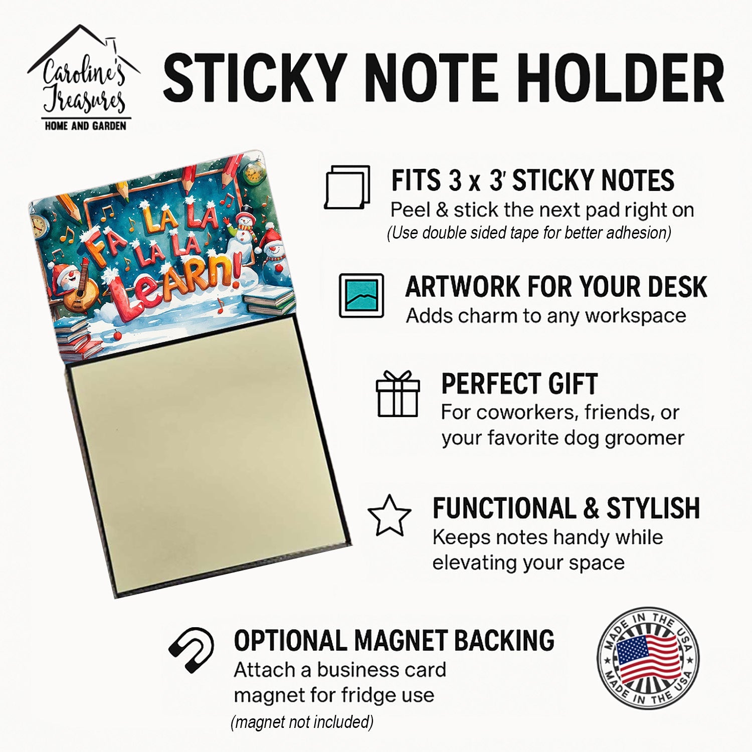 Fa La La La Learn Funny Sticky Note Holder for Teacher's Gift Refillable with 3x3 Notes