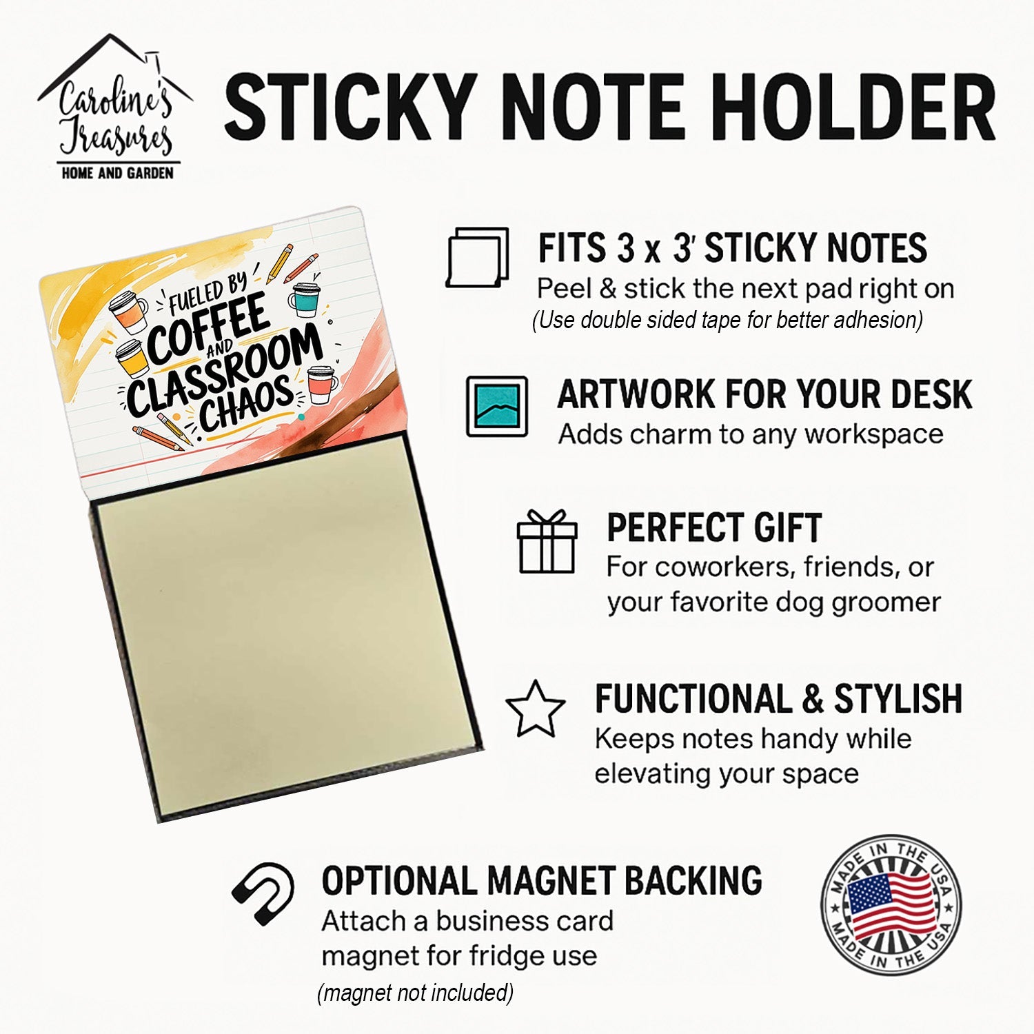 Fueled by Coffee Funny Sticky Note Holder for Teacher's Gift Refillable with 3x3 Notes
