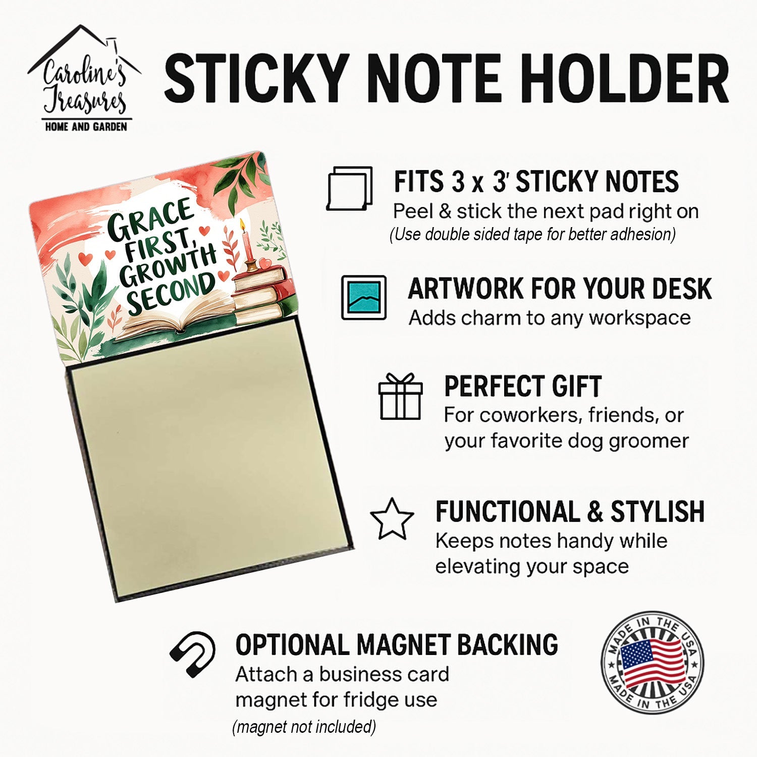 Grace First Growth Second Funny Sticky Note Holder for Teacher's Gift Refillable with 3x3 Notes