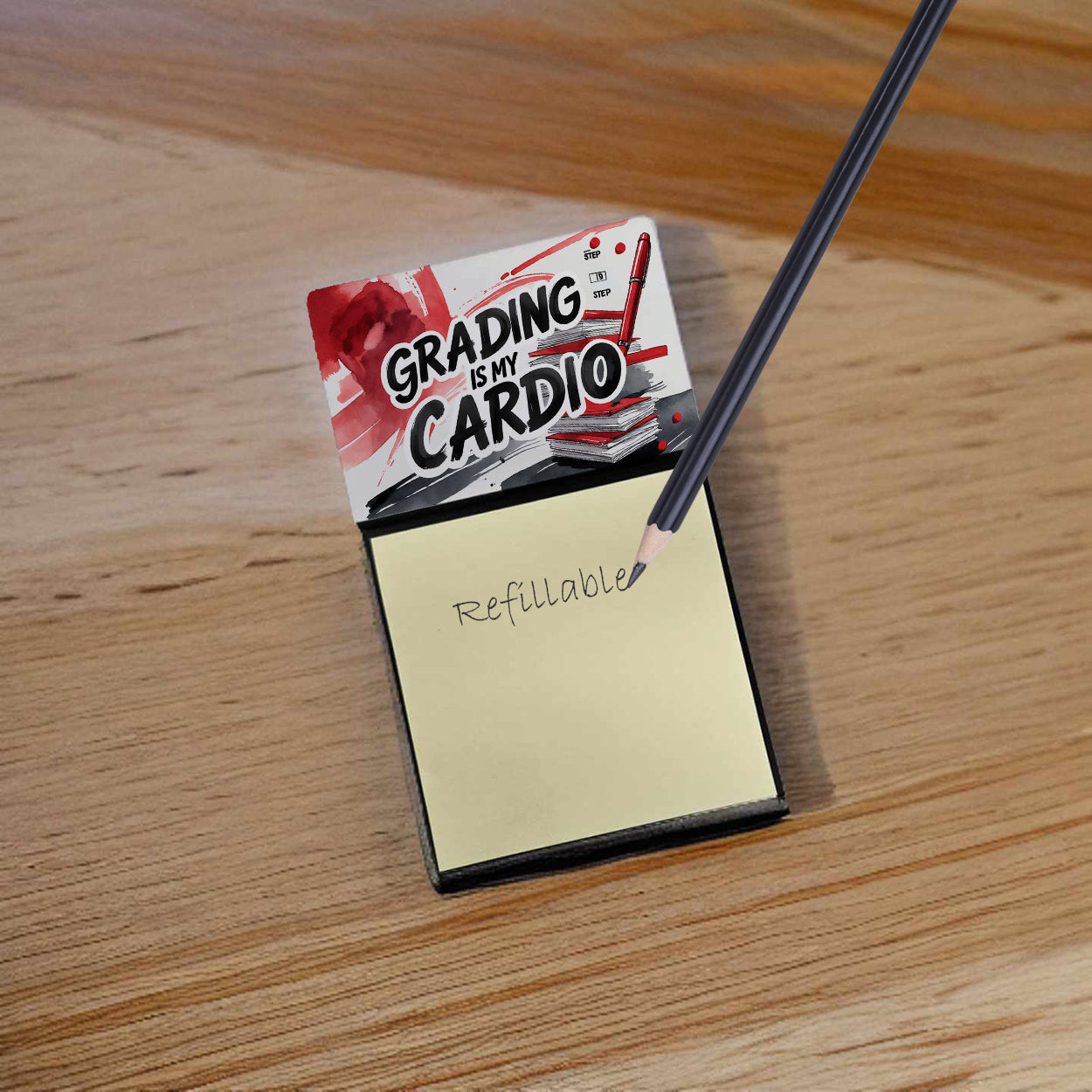 Grading is My Cardio Funny Sticky Note Holder for Teacher's Gift Refillable with 3x3 Notes