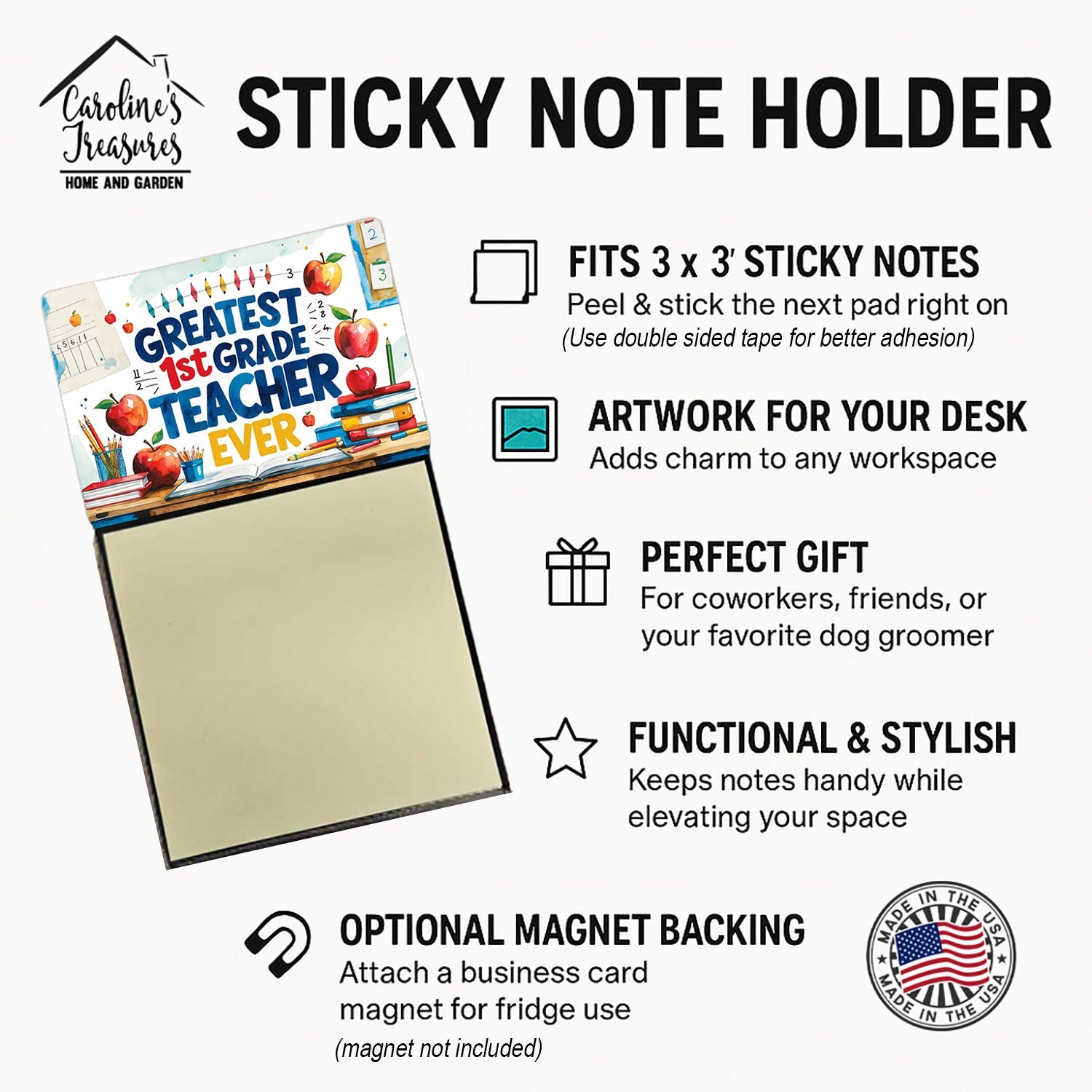 Greatest 1st Grade Teacher Ever Funny Sticky Note Holder for Teacher's Gift Refillable with 3x3 Notes