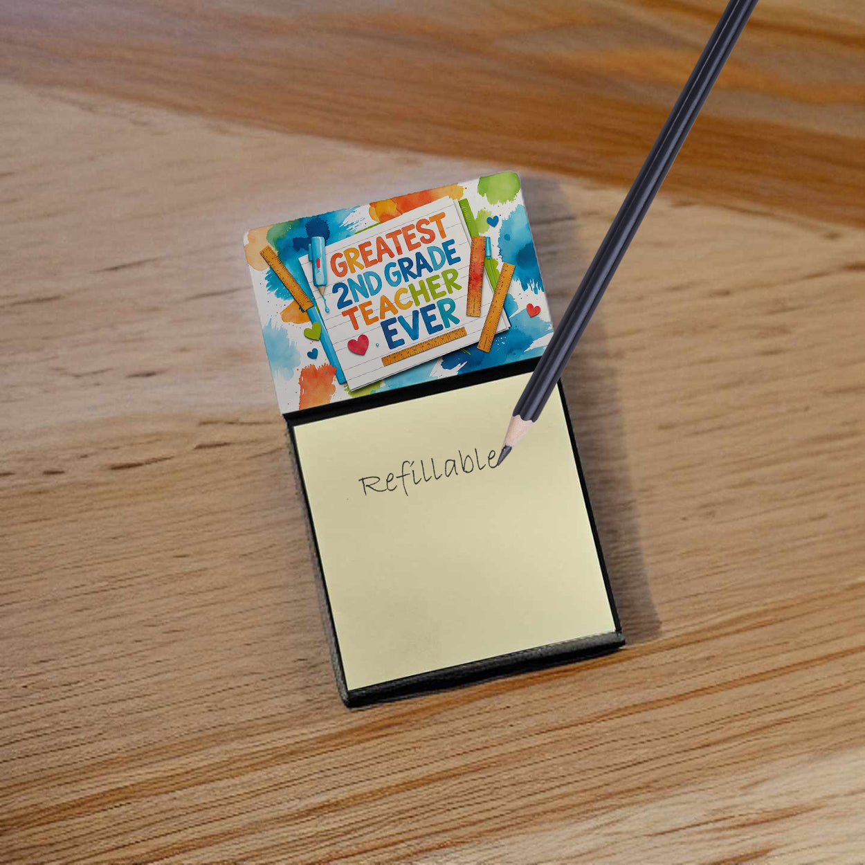 Greatest 2nd Grade Teacher Ever Funny Sticky Note Holder for Teacher's Gift Refillable with 3x3 Notes