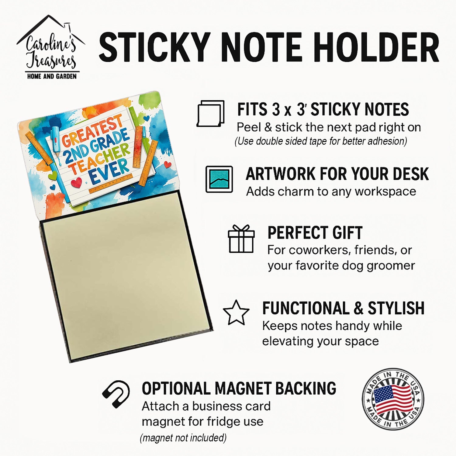 Greatest 2nd Grade Teacher Ever Funny Sticky Note Holder for Teacher's Gift Refillable with 3x3 Notes