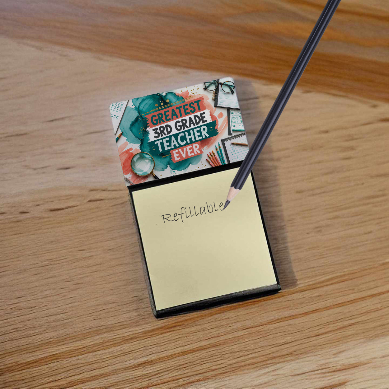 Greatest 3rd Grade Teacher Ever Funny Sticky Note Holder for Teacher's Gift Refillable with 3x3 Notes