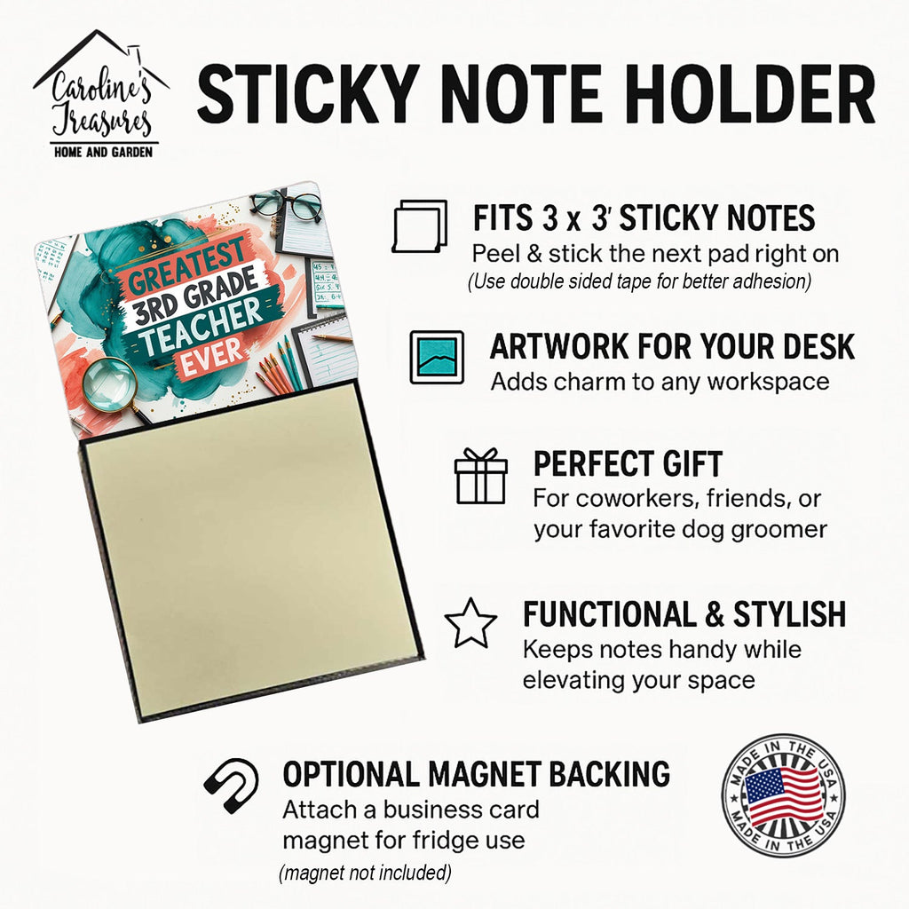 Greatest 3rd Grade Teacher Ever Funny Sticky Note Holder for Teacher's Gift Refillable with 3x3 Notes