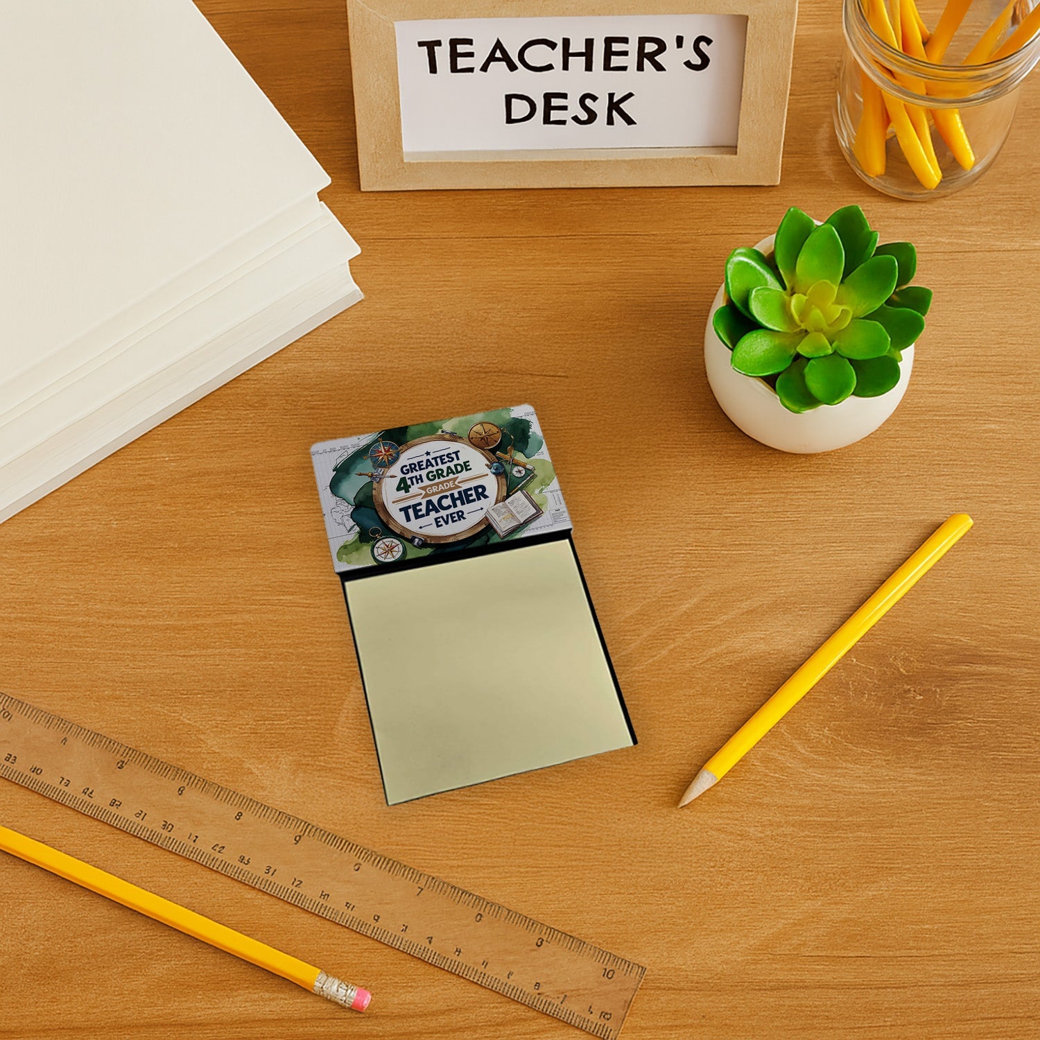 Greatest 4th Grade Teacher Ever Funny Sticky Note Holder for Teacher's Gift Refillable with 3x3 Notes