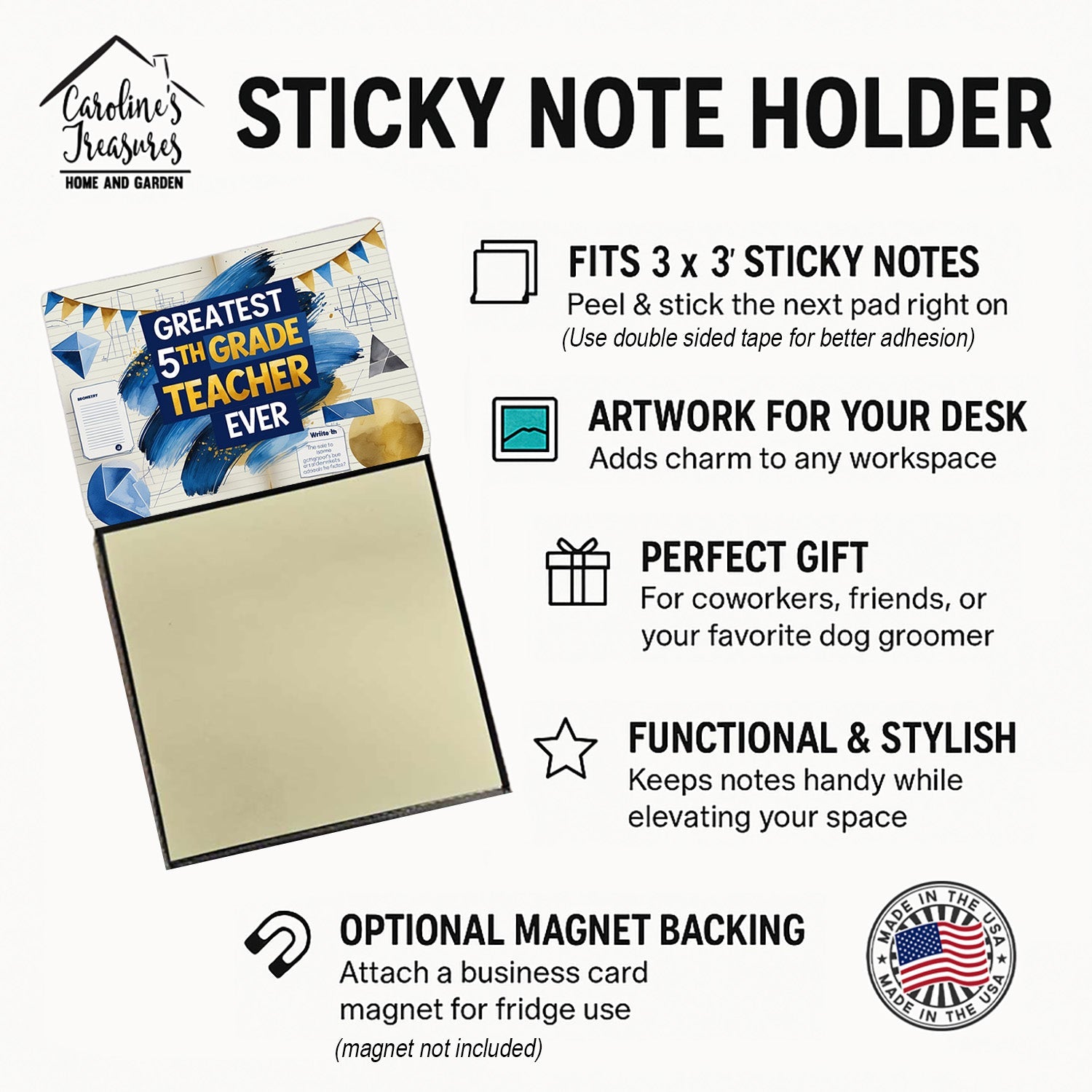 Greatest 5th Grade Teacher Ever Funny Sticky Note Holder for Teacher's Gift Refillable with 3x3 Notes