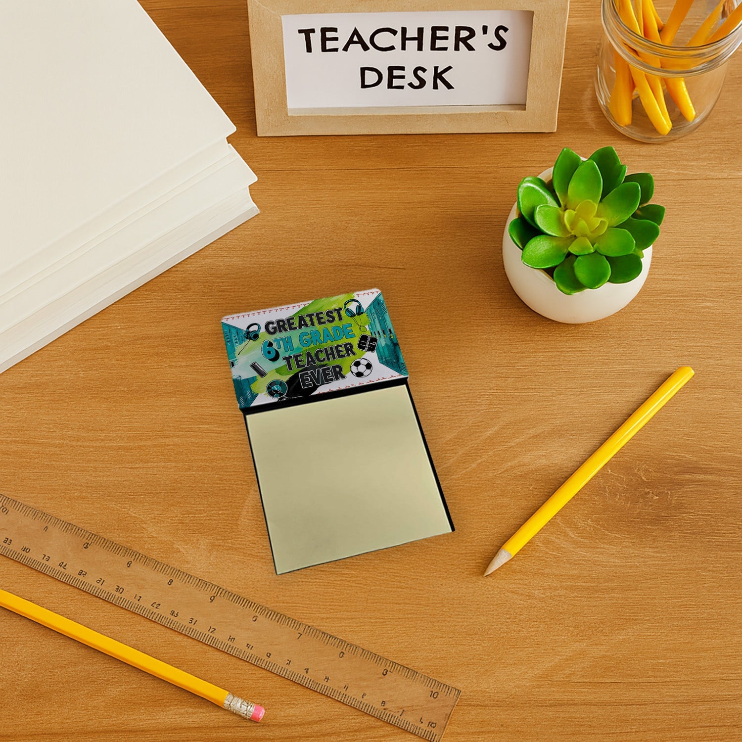 Greatest 6th Grade Teacher Ever Funny Sticky Note Holder for Teacher's Gift Refillable with 3x3 Notes
