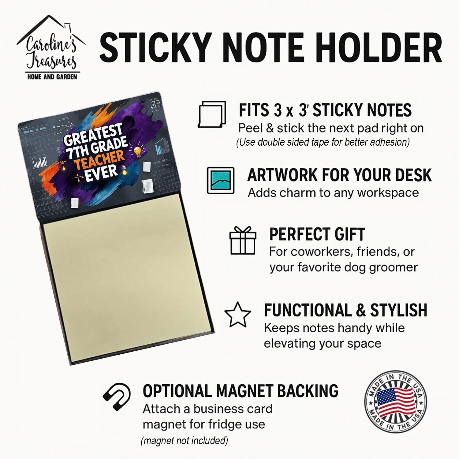 Greatest 7th Grade Teacher Ever Funny Sticky Note Holder for Teacher's Gift Refillable with 3x3 Notes