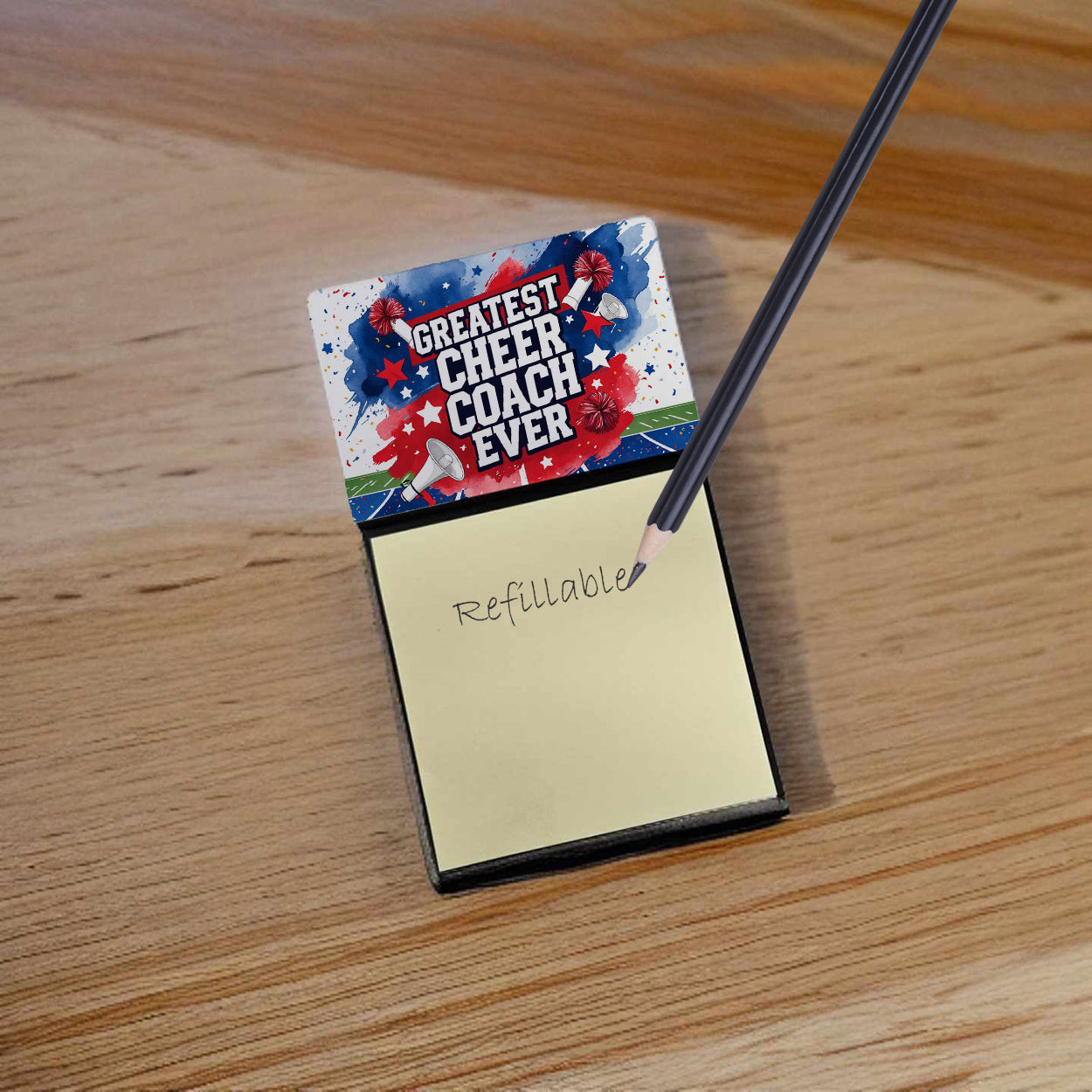 Greatest Cheer Coach Ever Funny Sticky Note Holder for Teacher's Gift Refillable with 3x3 Notes