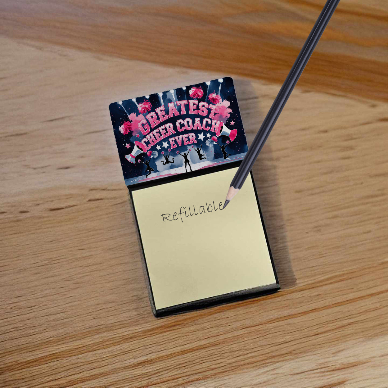 Greatest Cheer Coach Ever Funny Sticky Note Holder for Teacher's Gift Refillable with 3x3 Notes