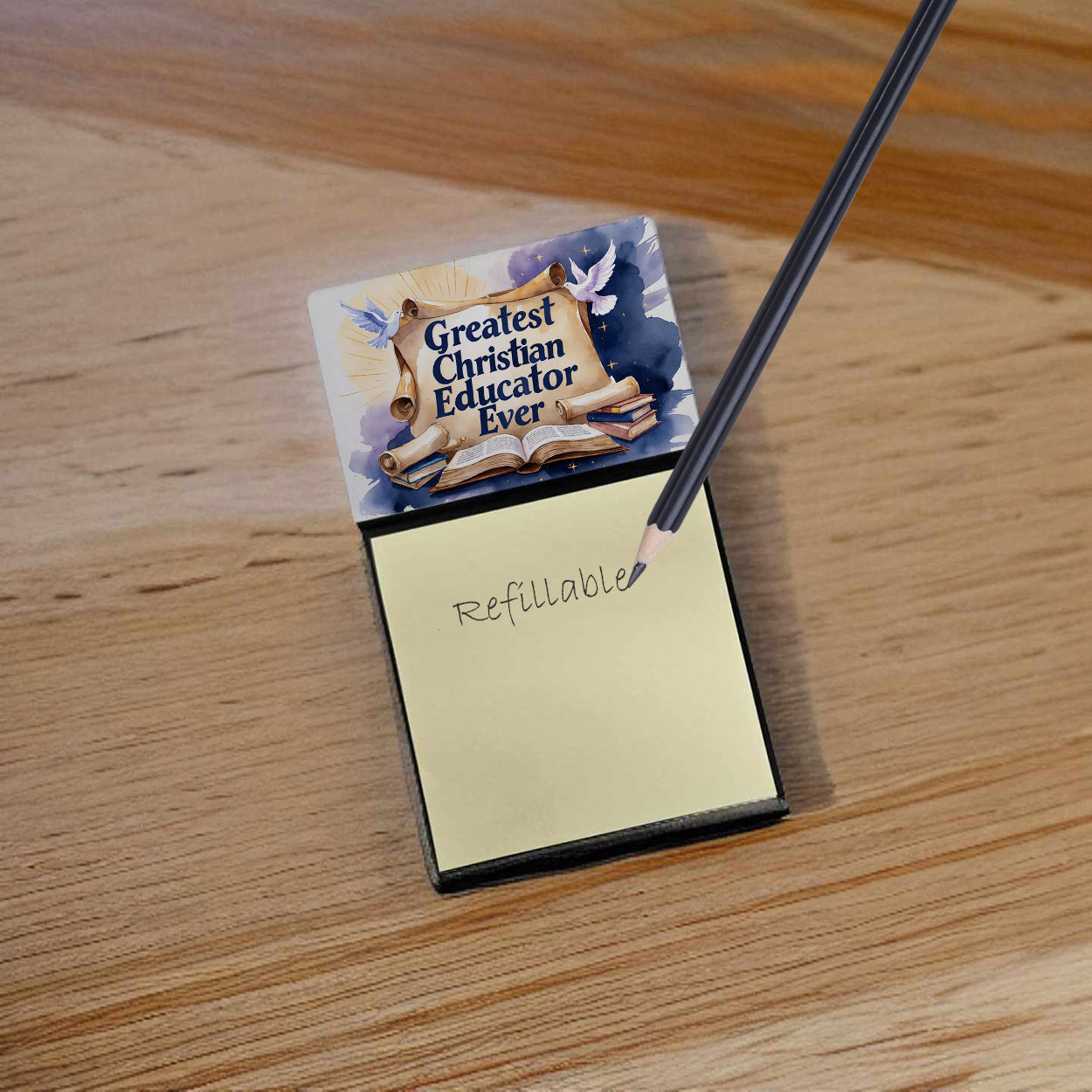 Greatest Christian Educator Ever Funny Sticky Note Holder for Teacher's Gift Refillable with 3x3 Notes