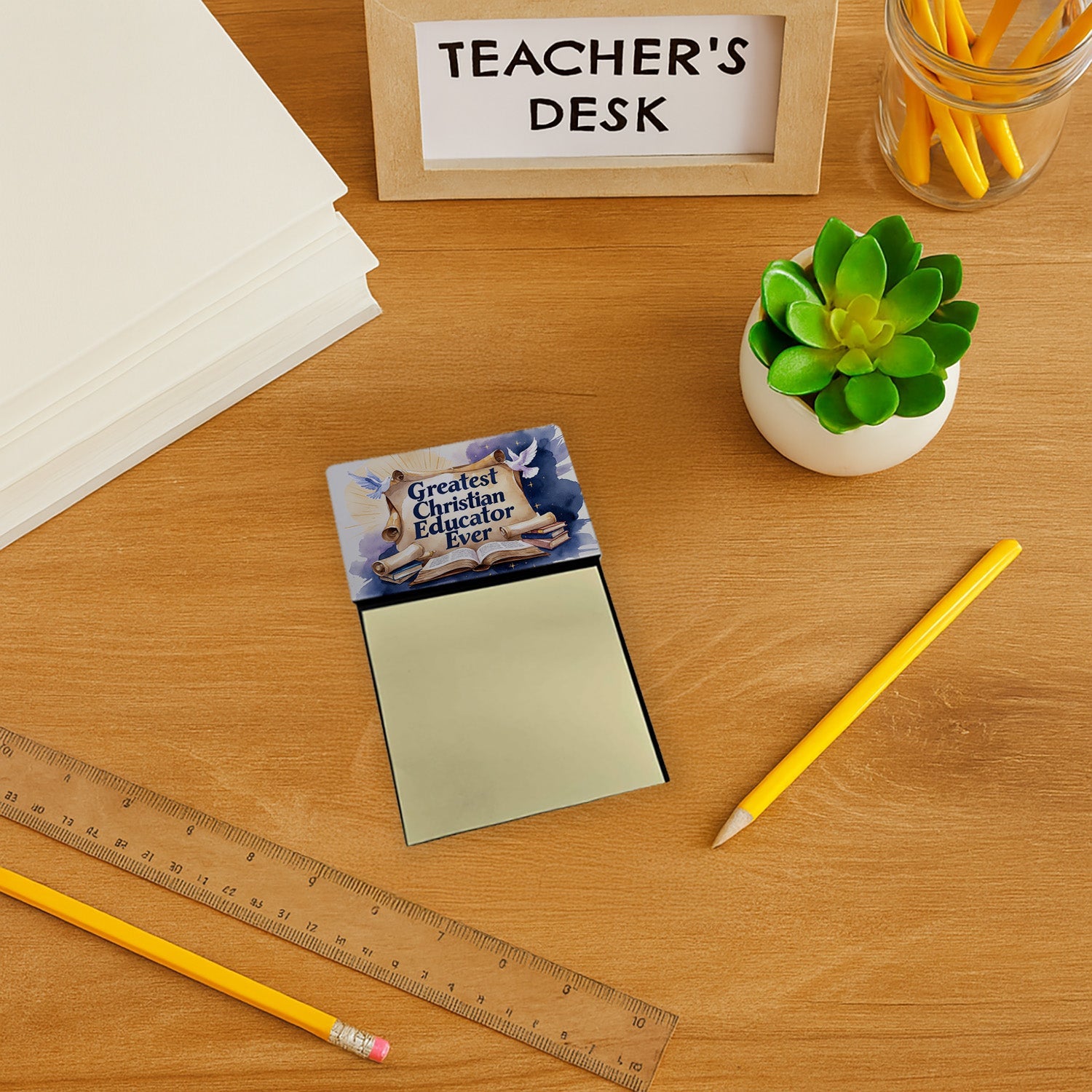Greatest Christian Educator Ever Funny Sticky Note Holder for Teacher's Gift Refillable with 3x3 Notes