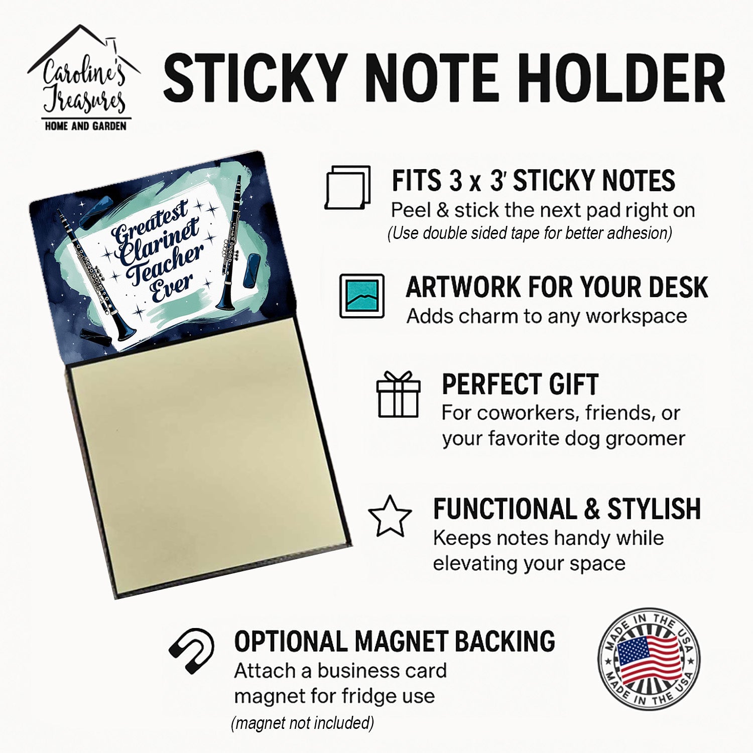 Greatest Clarinet Teacher Ever Funny Sticky Note Holder for Teacher's Gift Refillable with 3x3 Notes