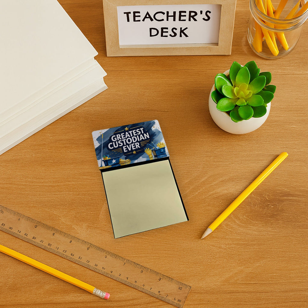 Greatest Custodian Ever Funny Sticky Note Holder for Teacher's Gift Refillable with 3x3 Notes