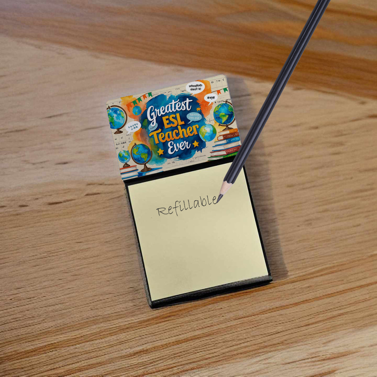 Greatest ESL Teacher Ever Funny Sticky Note Holder for Teacher's Gift Refillable with 3x3 Notes