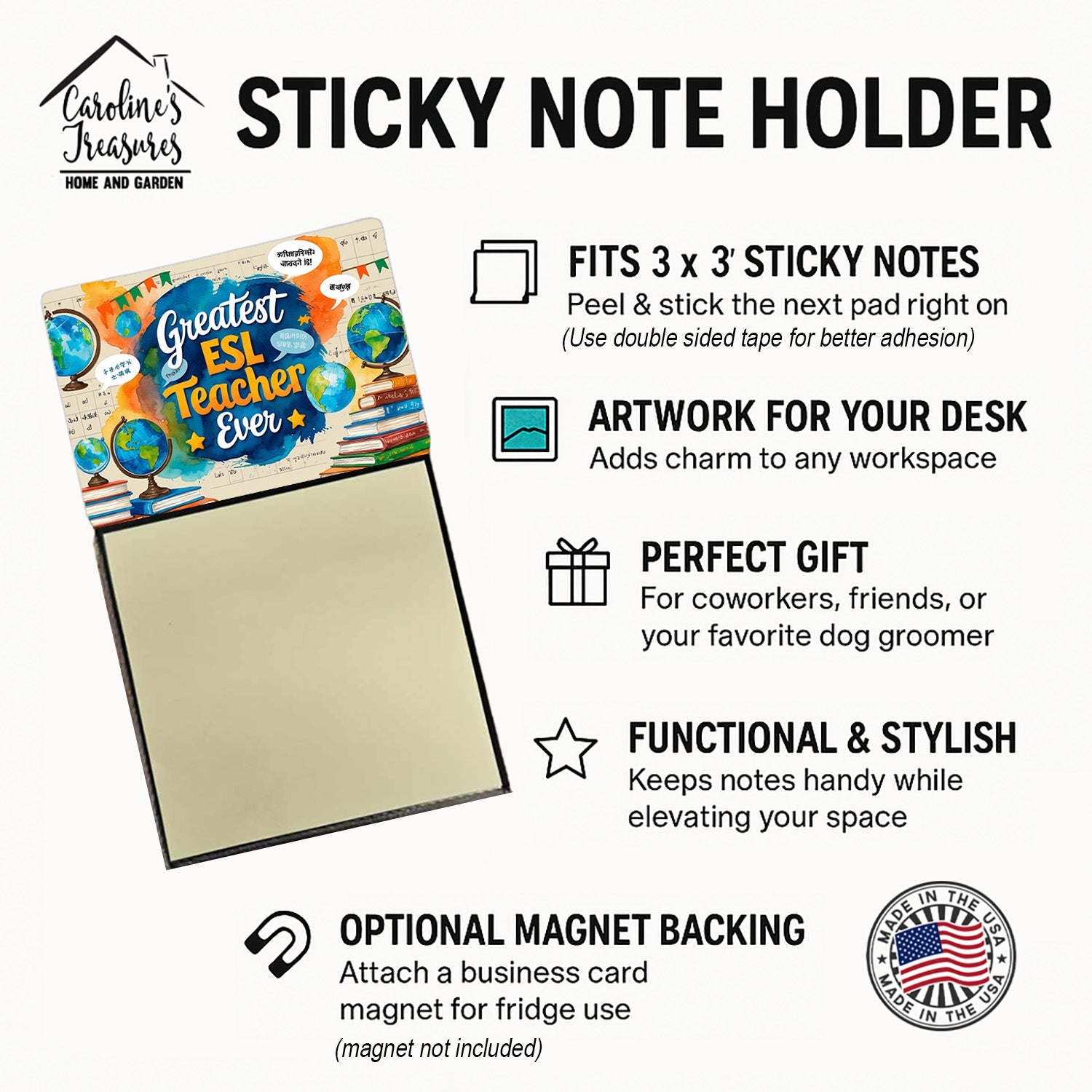 Greatest ESL Teacher Ever Funny Sticky Note Holder for Teacher's Gift Refillable with 3x3 Notes