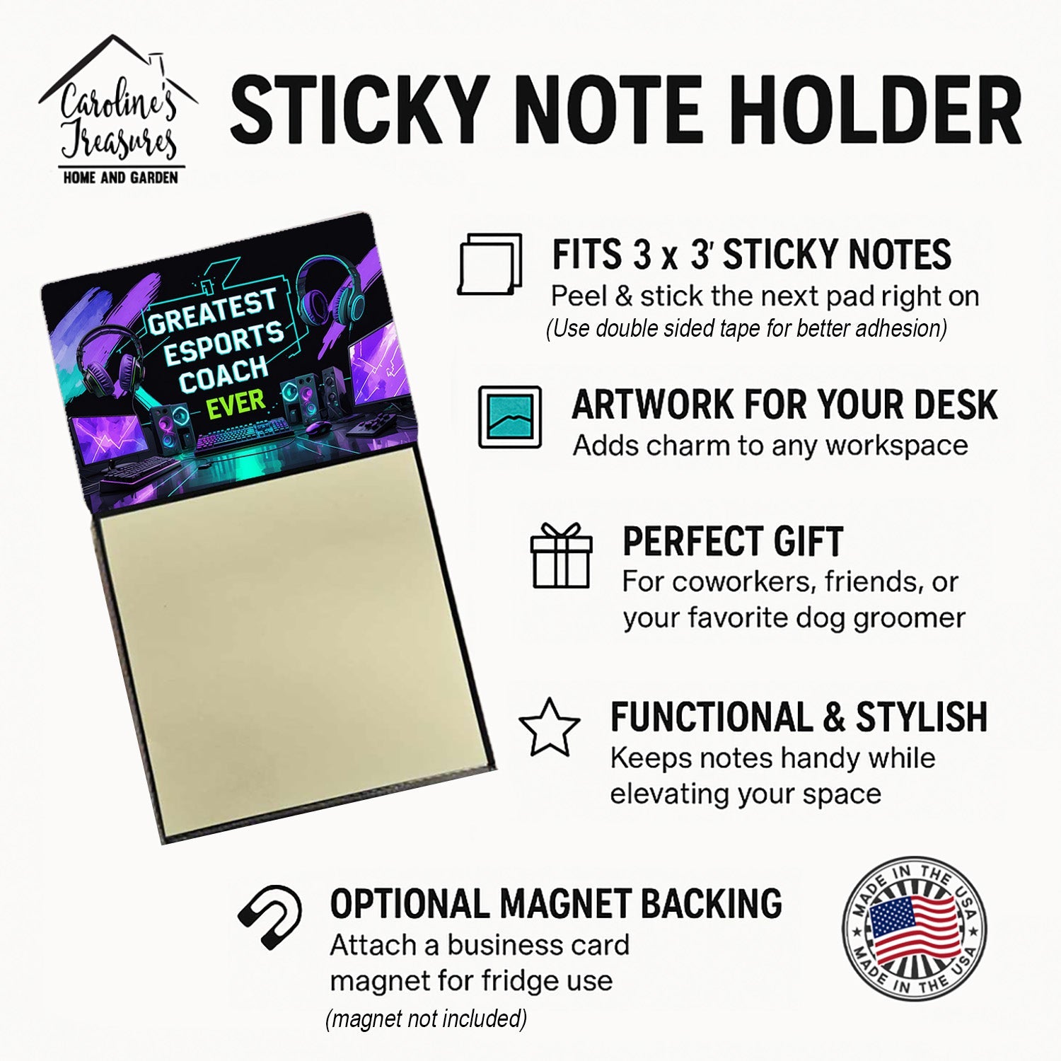 Greatest Esports Coach Ever Funny Sticky Note Holder for Teacher's Gift Refillable with 3x3 Notes