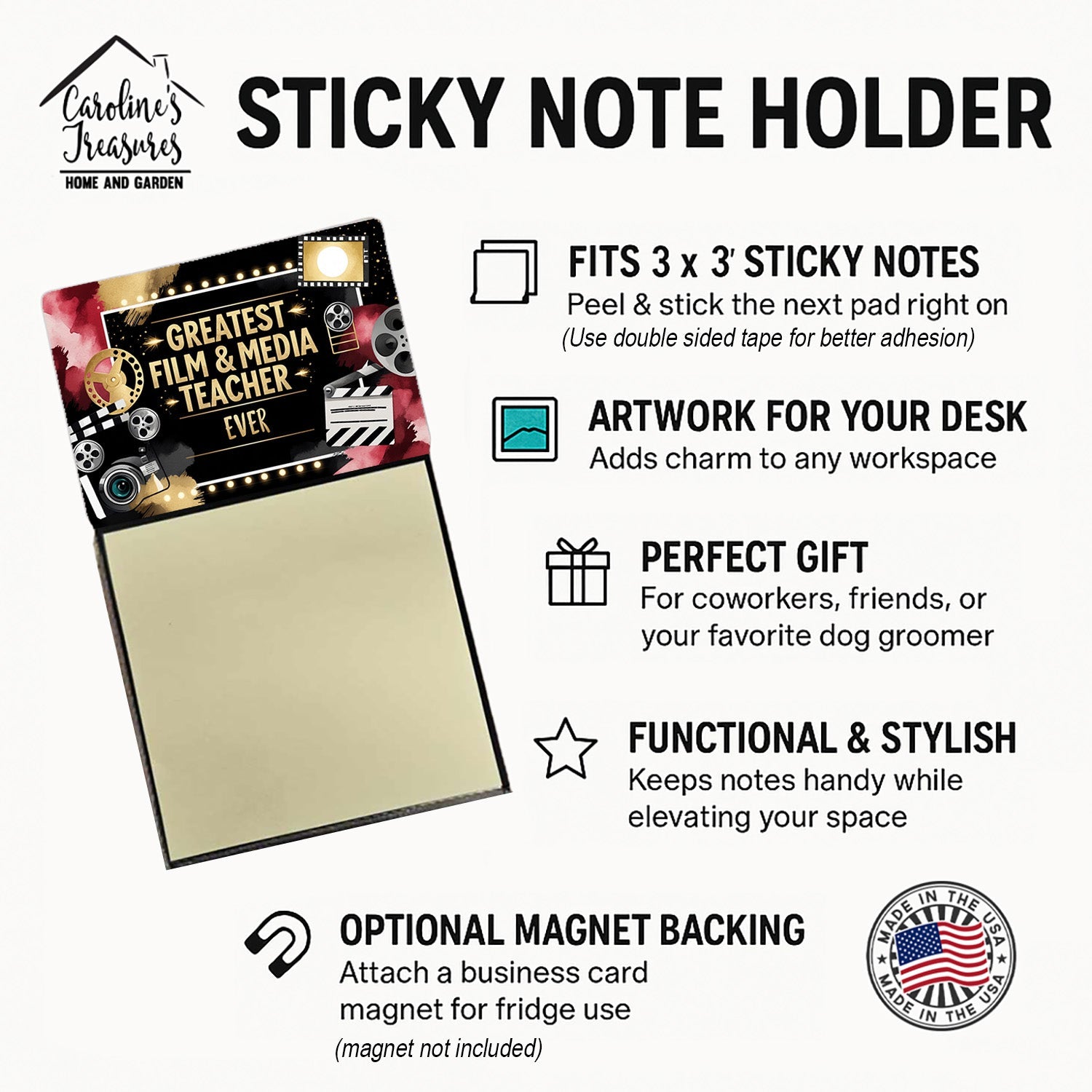 Greatest Film Teacher Ever Funny Sticky Note Holder for Teacher's Gift Refillable with 3x3 Notes