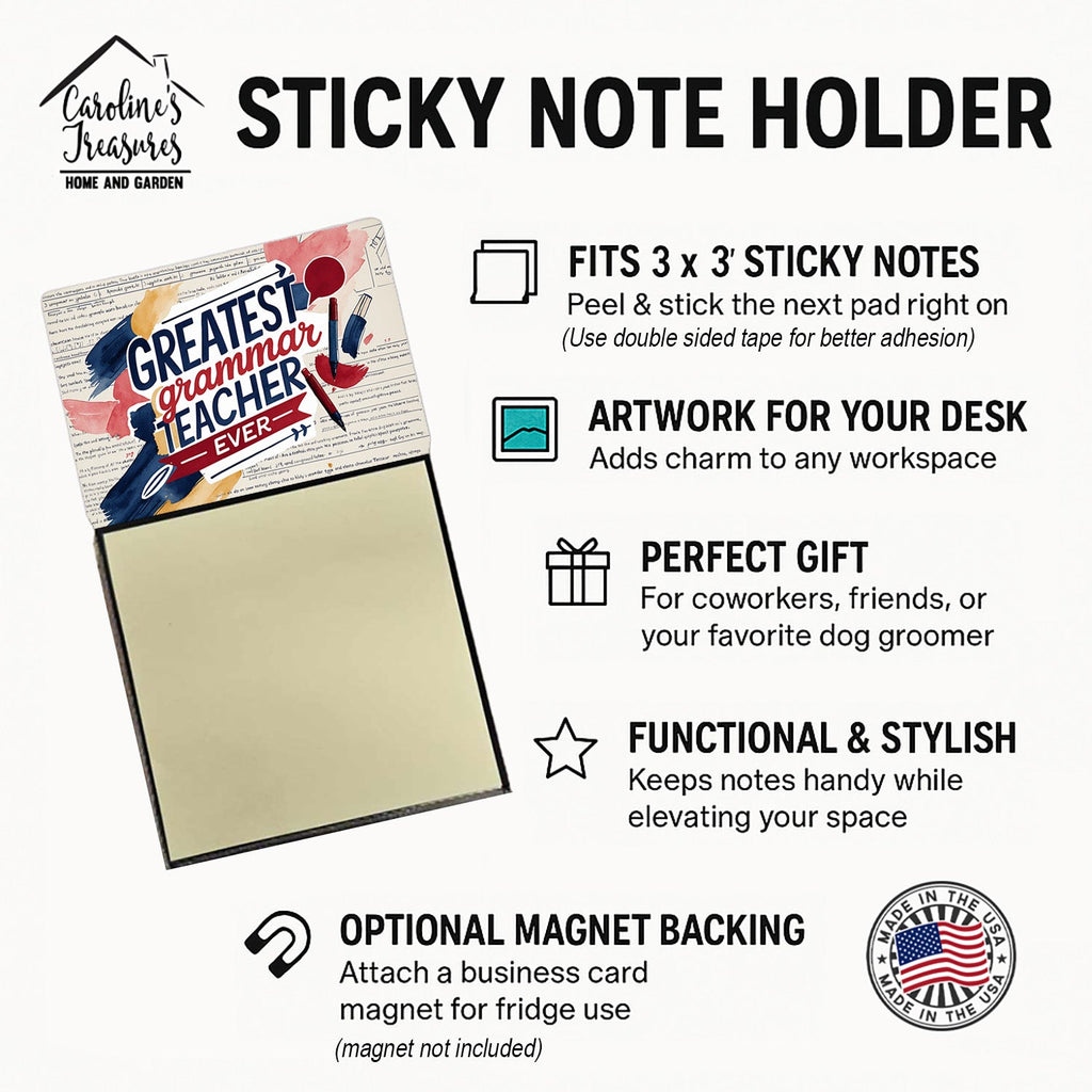 Greatest Grammar Teacher Ever Funny Sticky Note Holder for Teacher's Gift Refillable with 3x3 Notes