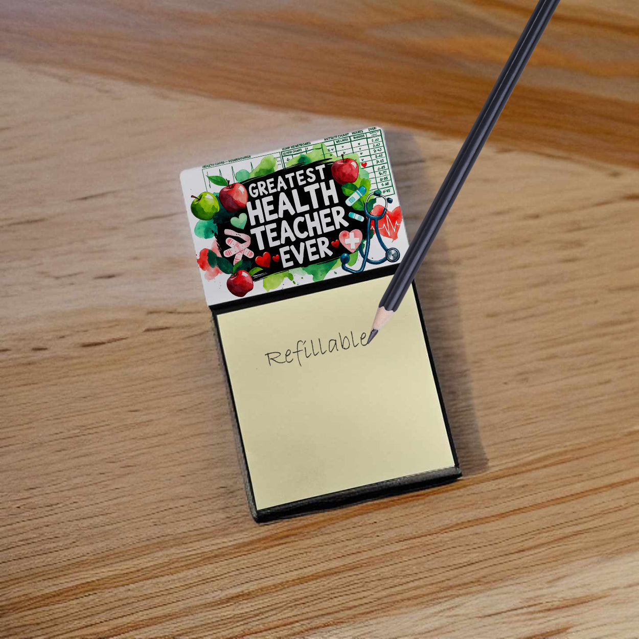 Greatest Health Teacher Ever Funny Sticky Note Holder for Teacher's Gift Refillable with 3x3 Notes