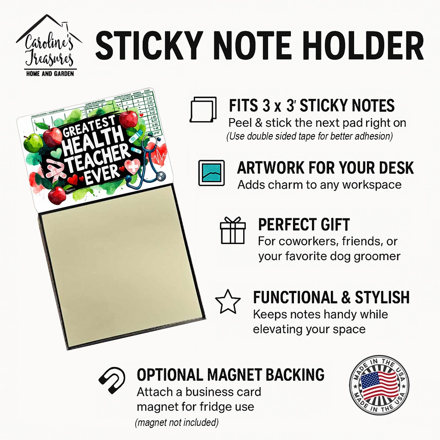 Greatest Health Teacher Ever Funny Sticky Note Holder for Teacher's Gift Refillable with 3x3 Notes