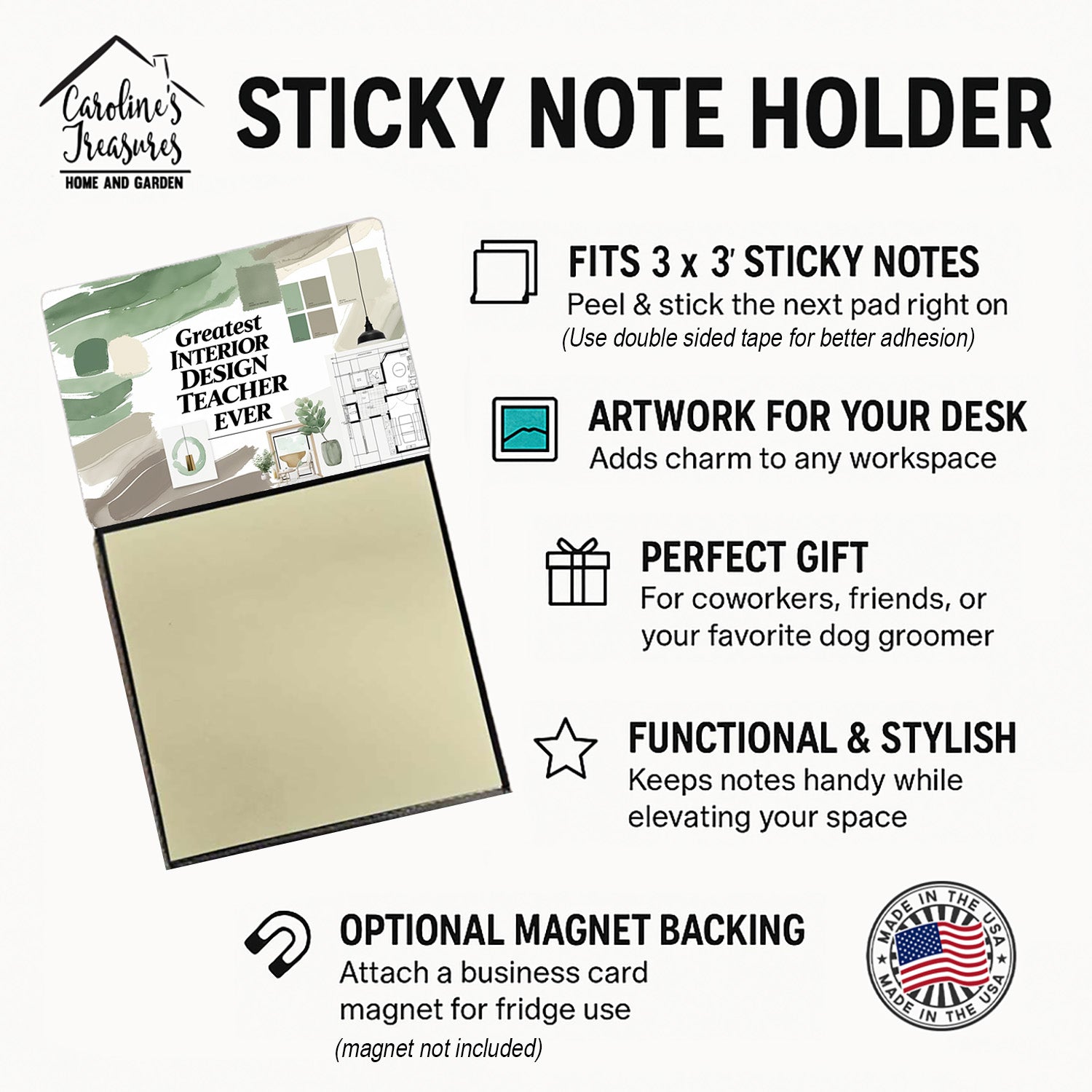 Greatest Interior Design Teacher Ever Funny Sticky Note Holder for Teacher's Gift Refillable with 3x3 Notes