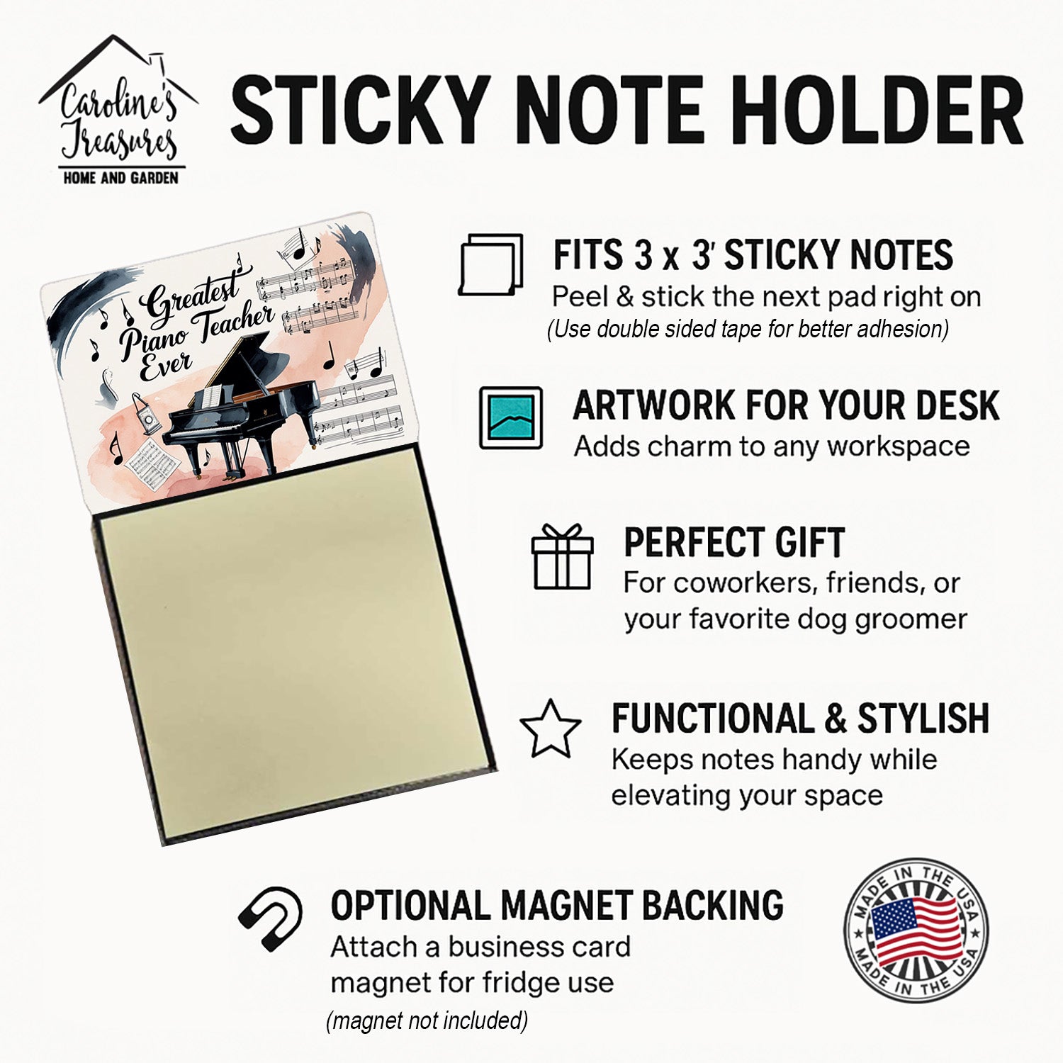 Greatest Piano Teacher Ever Funny Sticky Note Holder for Teacher's Gift Refillable with 3x3 Notes