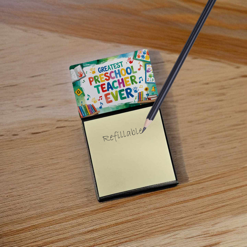 Greatest Preschool Teacher Ever Funny Sticky Note Holder for Teacher's Gift Refillable with 3x3 Notes