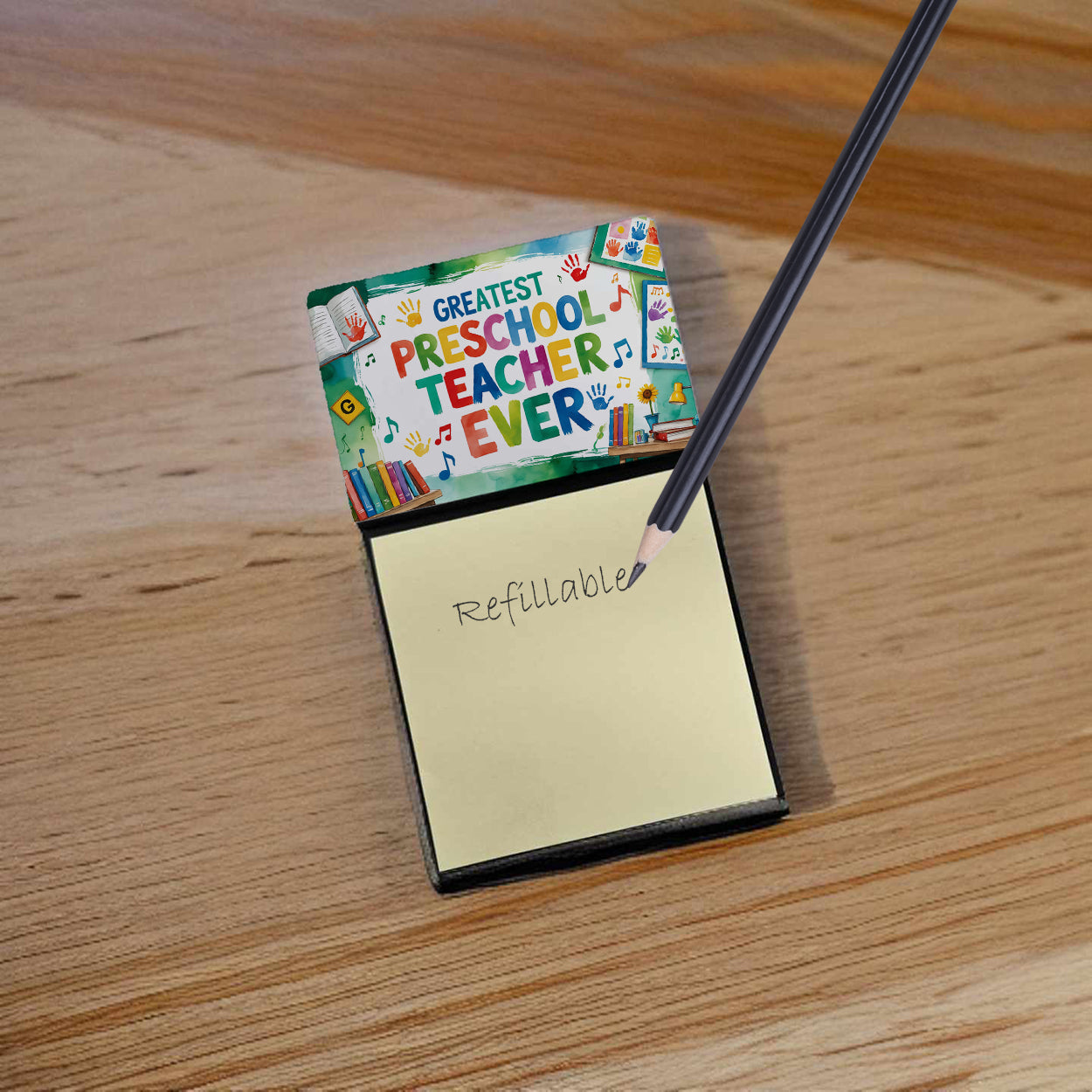Greatest Preschool Teacher Ever Funny Sticky Note Holder for Teacher's Gift Refillable with 3x3 Notes