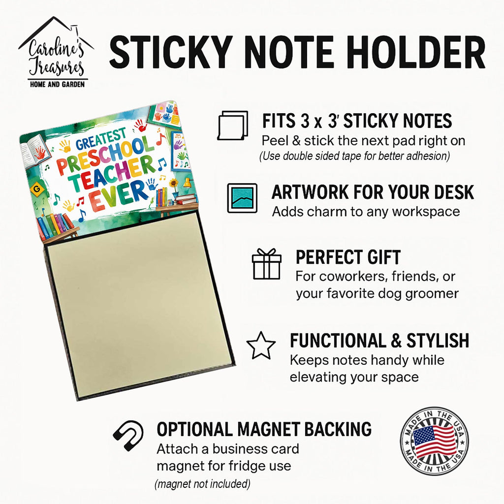 Greatest Preschool Teacher Ever Funny Sticky Note Holder for Teacher's Gift Refillable with 3x3 Notes
