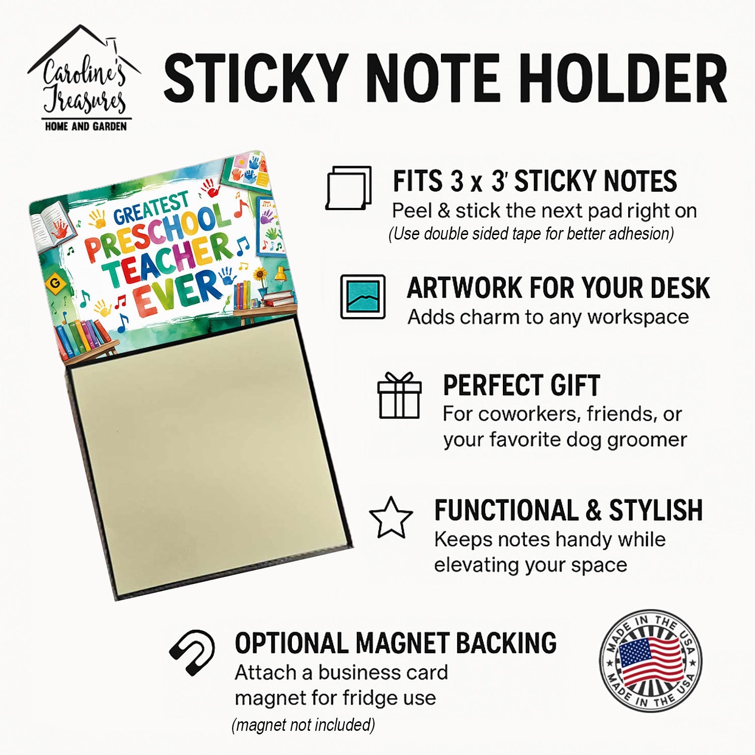 Greatest Preschool Teacher Ever Funny Sticky Note Holder for Teacher's Gift Refillable with 3x3 Notes