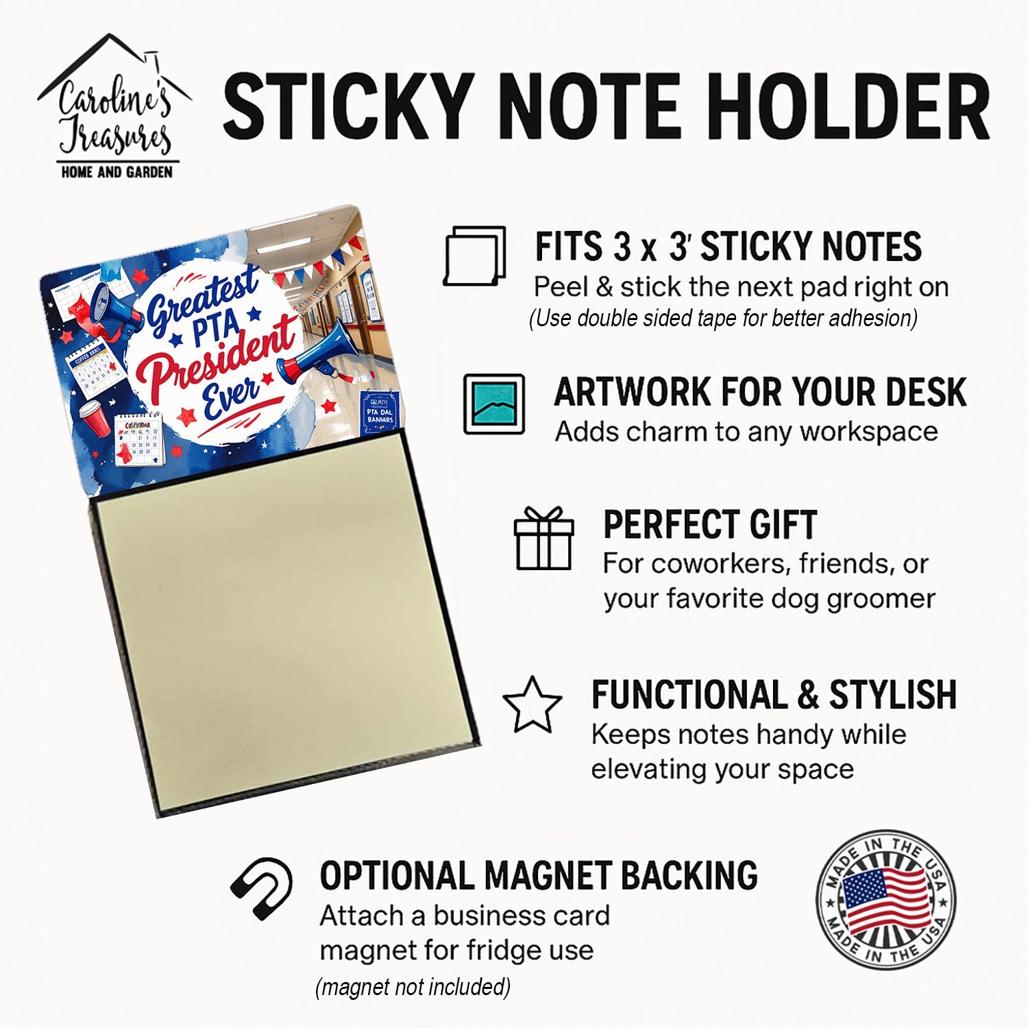 Greatest PTA President Ever Funny Sticky Note Holder for Teacher's Gift Refillable with 3x3 Notes